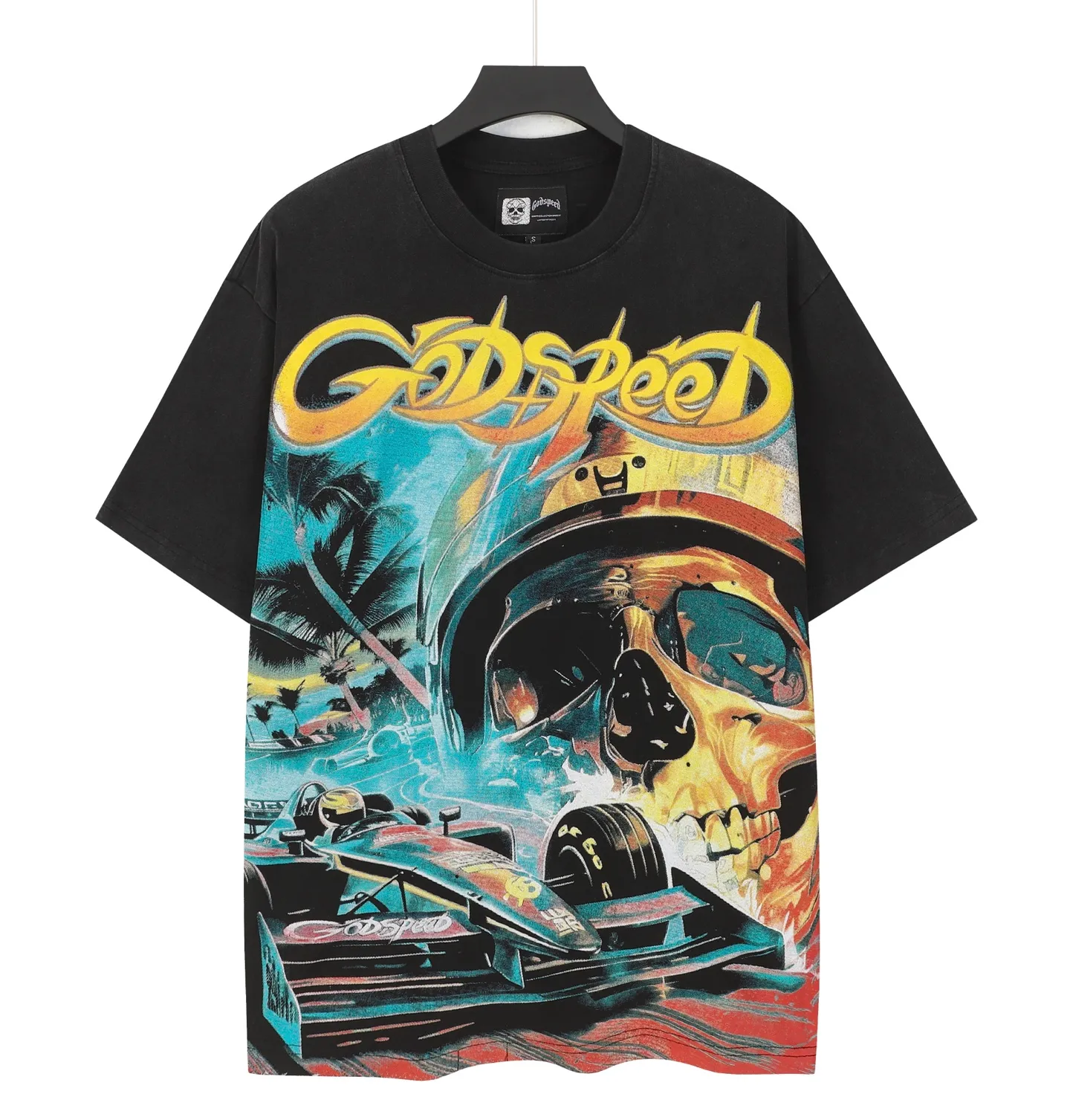 6095# washed black I P116 high-definition printing. soft touch Godspeed cross-border American rock and roll street washed retro style short-sleeved T (craft printing) fabric (fabric): 32 count combed double yarn 250 grams weight code (size): S-M-L-XL color (colour): washed black 👉 👉 👉