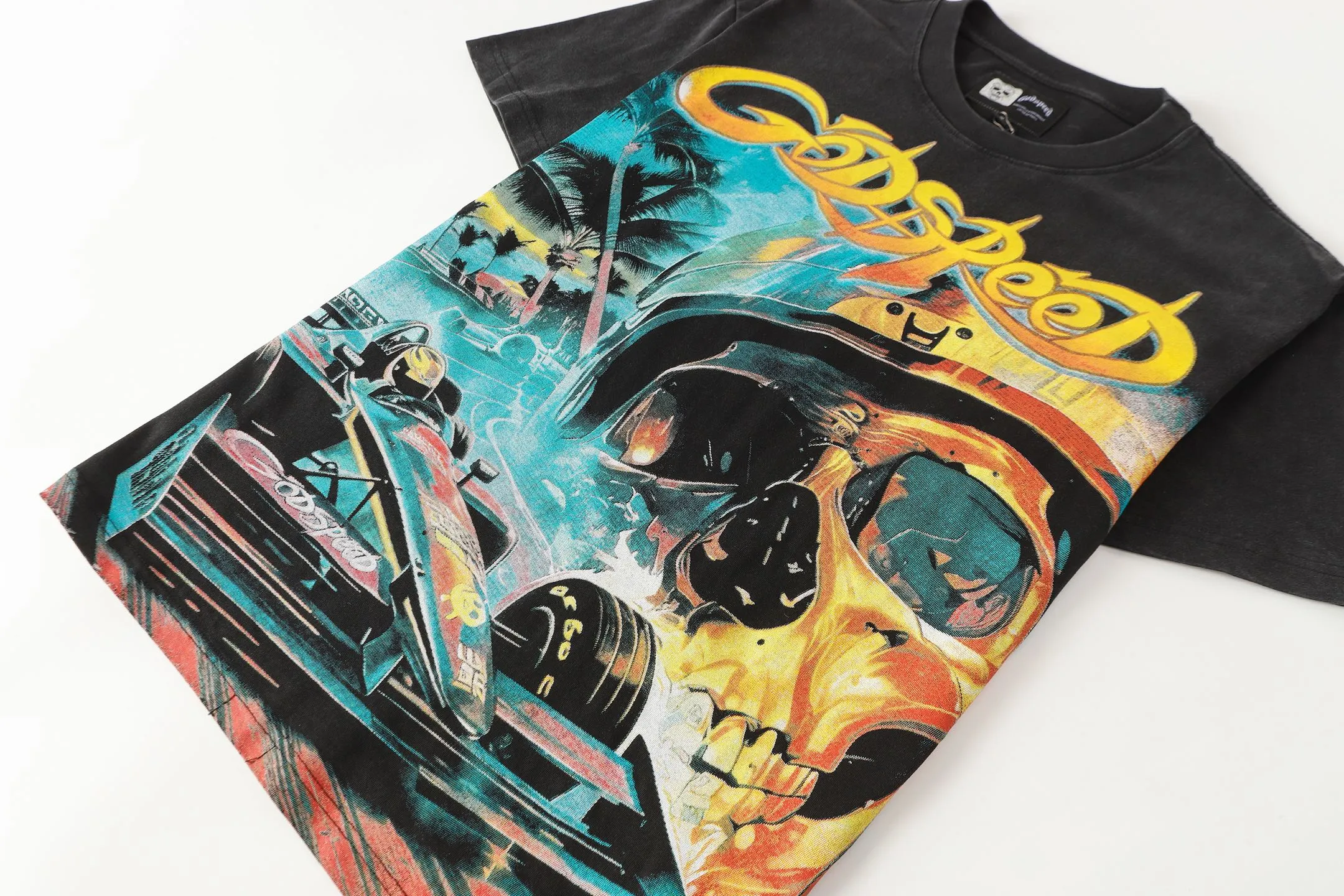 6095# washed black I P116 high-definition printing. soft touch Godspeed cross-border American rock and roll street washed retro style short-sleeved T (craft printing) fabric (fabric): 32 count combed double yarn 250 grams weight code (size): S-M-L-XL color (colour): washed black 👉 👉 👉