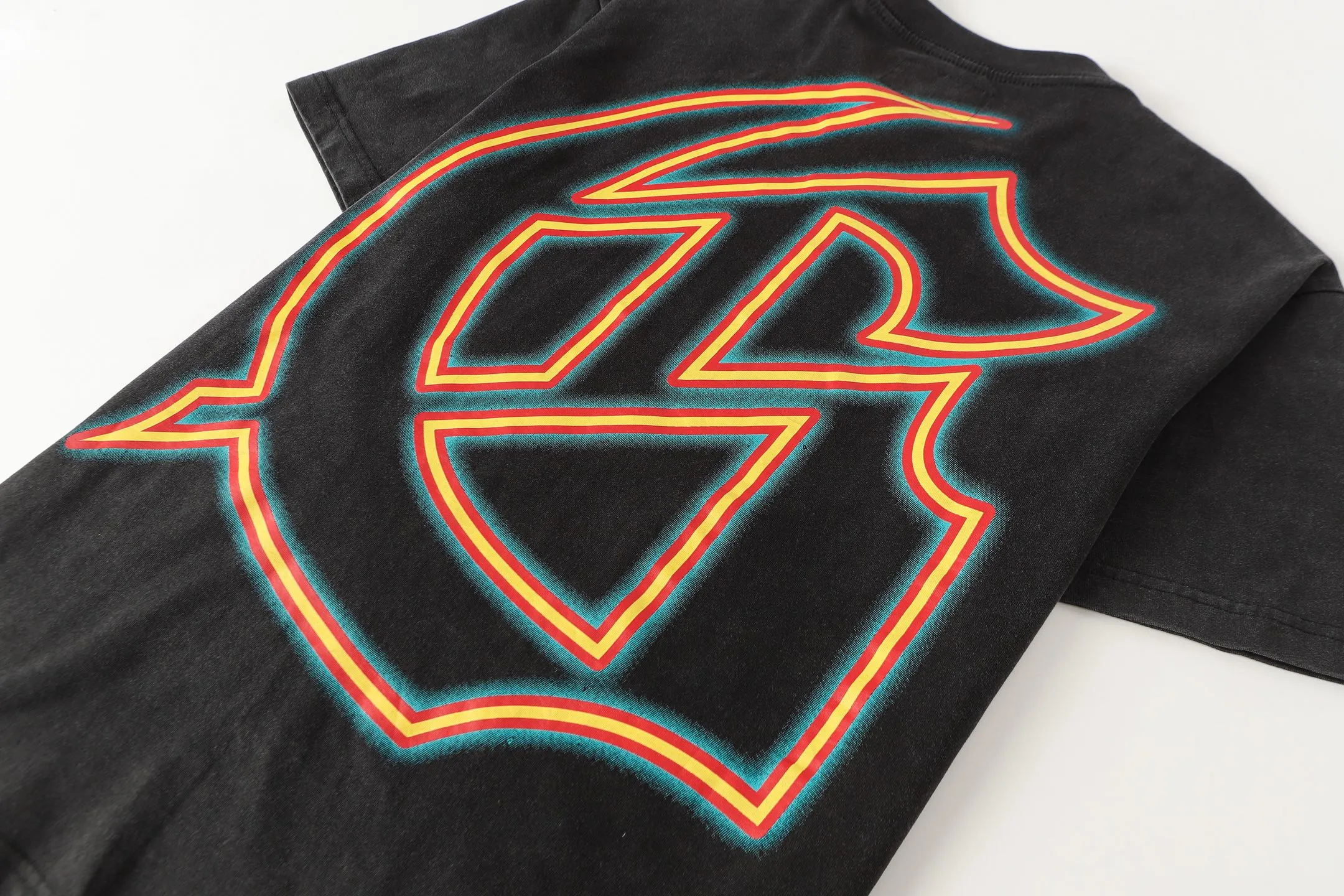6095# washed black I P116 high-definition printing. soft touch Godspeed cross-border American rock and roll street washed retro style short-sleeved T (craft printing) fabric (fabric): 32 count combed double yarn 250 grams weight code (size): S-M-L-XL color (colour): washed black 👉 👉 👉