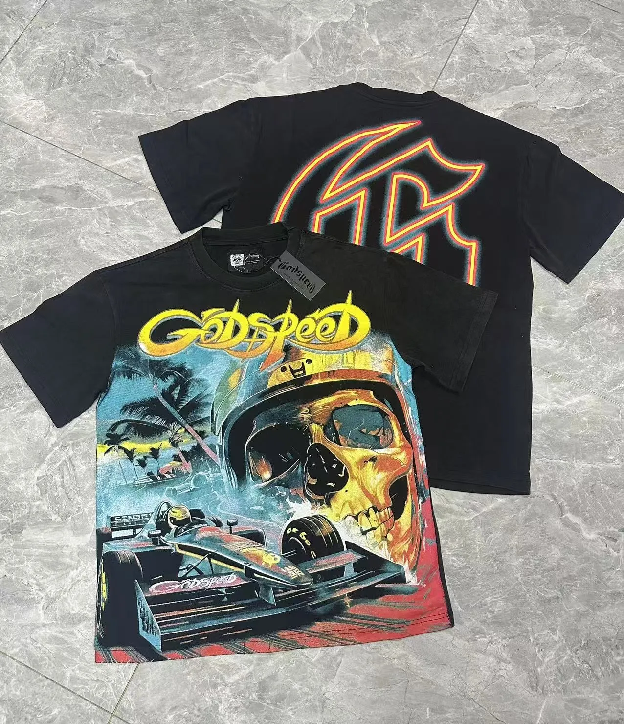 6095# washed black I P116 high-definition printing. soft touch Godspeed cross-border American rock and roll street washed retro style short-sleeved T (craft printing) fabric (fabric): 32 count combed double yarn 250 grams weight code (size): S-M-L-XL color (colour): washed black 👉 👉 👉