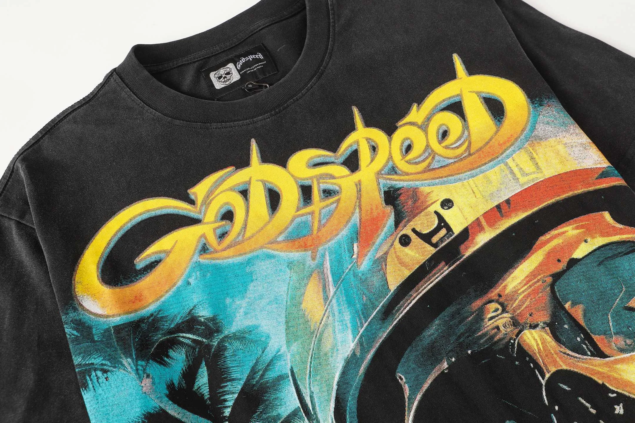 6095# washed black I P116 high-definition printing. soft touch Godspeed cross-border American rock and roll street washed retro style short-sleeved T (craft printing) fabric (fabric): 32 count combed double yarn 250 grams weight code (size): S-M-L-XL color (colour): washed black 👉 👉 👉