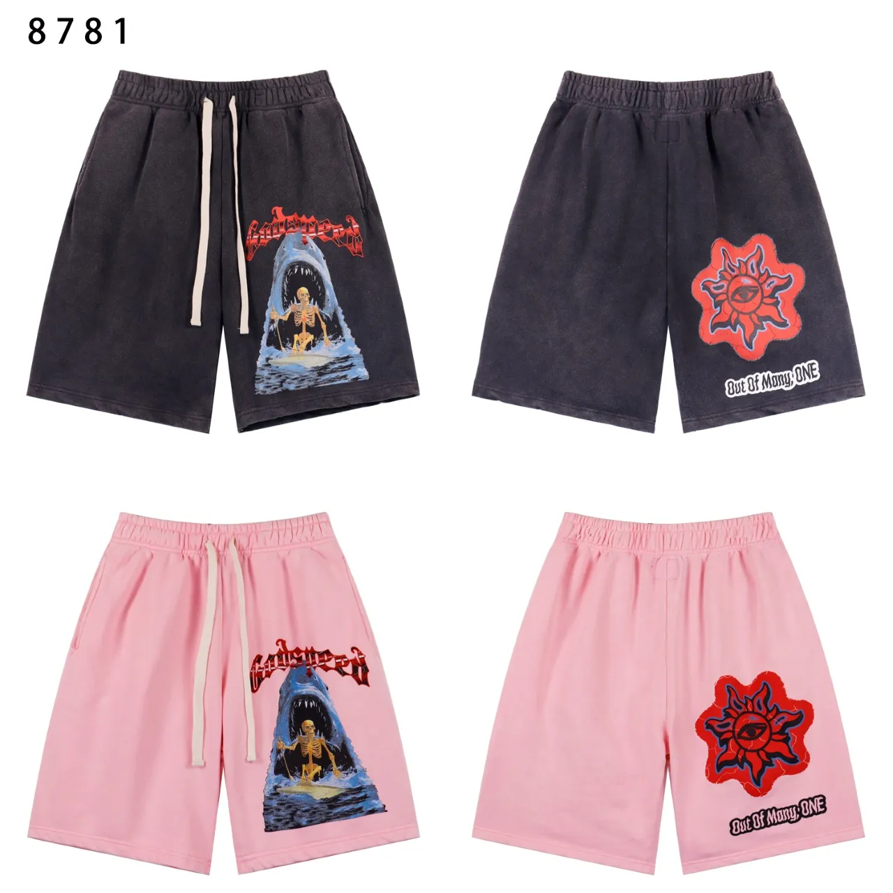 💰150 Style No.: BR 8781 Fabric: 380g washed, real shot, in stock, Godspeed printed high-quality double yarn casual trendy brand washed distressed shorts Color; washed black, washed pink Size: S M L XL