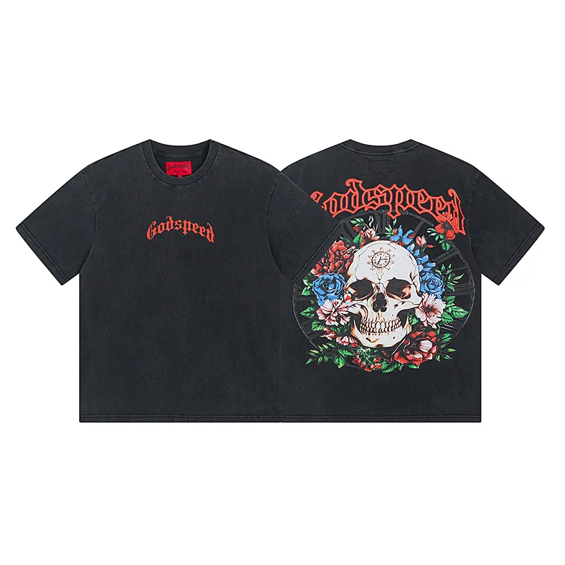 1019# P126 Washed Black Real Shot Godspeed American Fashion Rock Street Retro Washed Distressed Printed Pure Cotton Short Sleeves Fabric: 250g 32 Count Fine Cotton Double Yarn Pure Cotton Color: Washed Black Size: S M L XL