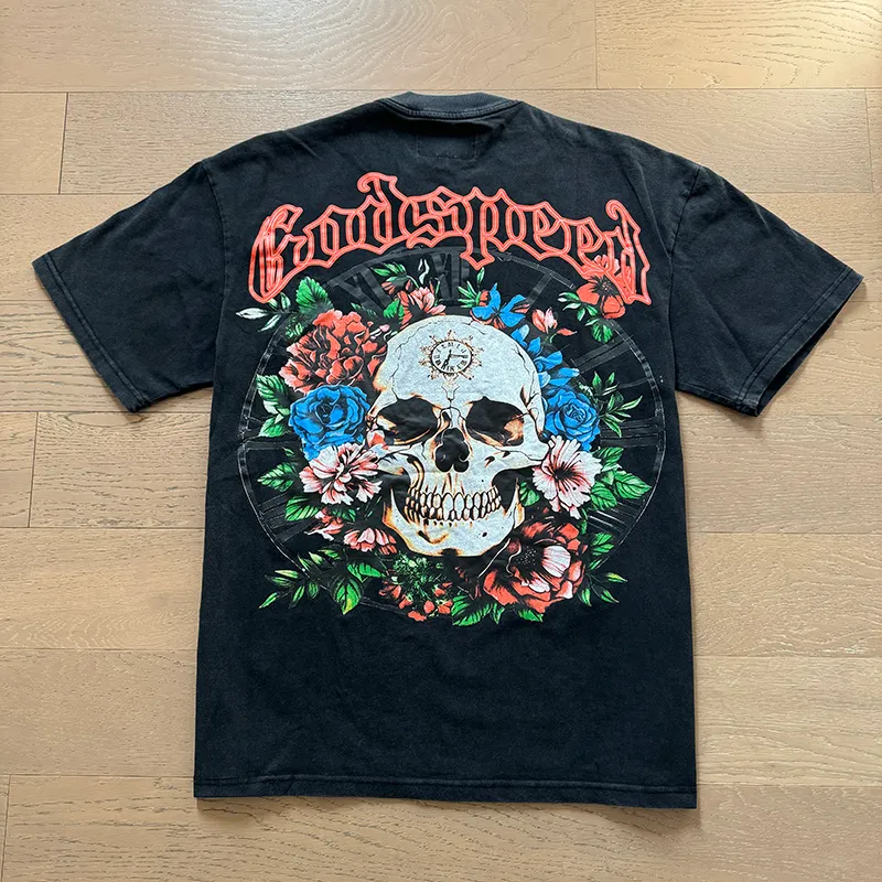 1019# P126 Washed Black Real Shot Godspeed American Fashion Rock Street Retro Washed Distressed Printed Pure Cotton Short Sleeves Fabric: 250g 32 Count Fine Cotton Double Yarn Pure Cotton Color: Washed Black Size: S M L XL