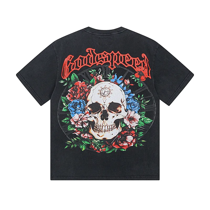 1019# P126 Washed Black Real Shot Godspeed American Fashion Rock Street Retro Washed Distressed Printed Pure Cotton Short Sleeves Fabric: 250g 32 Count Fine Cotton Double Yarn Pure Cotton Color: Washed Black Size: S M L XL