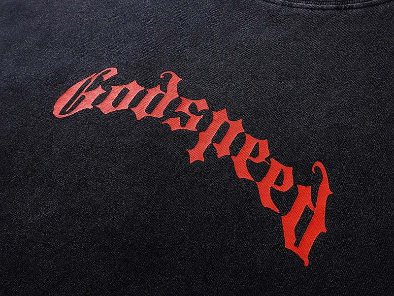 1019# P126 Washed Black Real Shot Godspeed American Fashion Rock Street Retro Washed Distressed Printed Pure Cotton Short Sleeves Fabric: 250g 32 Count Fine Cotton Double Yarn Pure Cotton Color: Washed Black Size: S M L XL