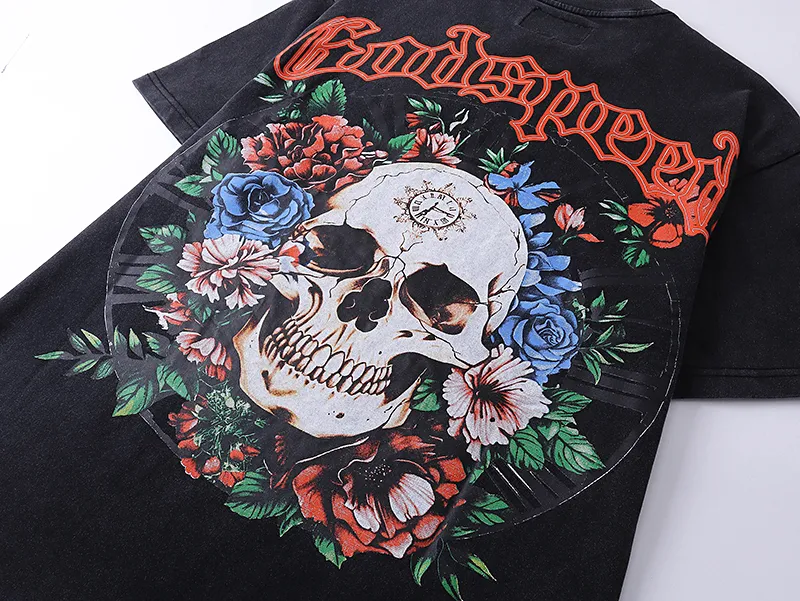 1019# P126 Washed Black Real Shot Godspeed American Fashion Rock Street Retro Washed Distressed Printed Pure Cotton Short Sleeves Fabric: 250g 32 Count Fine Cotton Double Yarn Pure Cotton Color: Washed Black Size: S M L XL