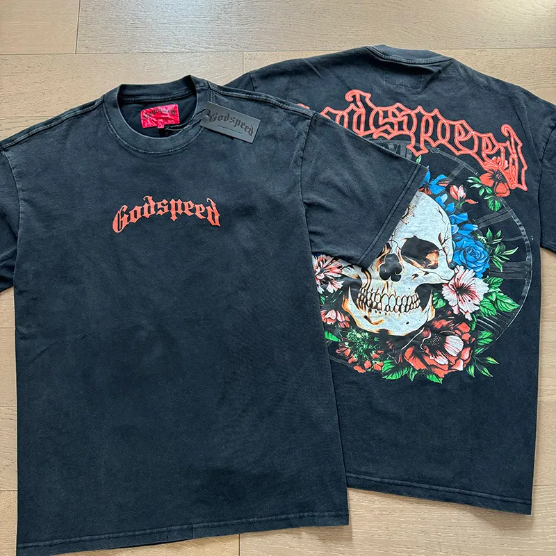 1019# P126 Washed Black Real Shot Godspeed American Fashion Rock Street Retro Washed Distressed Printed Pure Cotton Short Sleeves Fabric: 250g 32 Count Fine Cotton Double Yarn Pure Cotton Color: Washed Black Size: S M L XL
