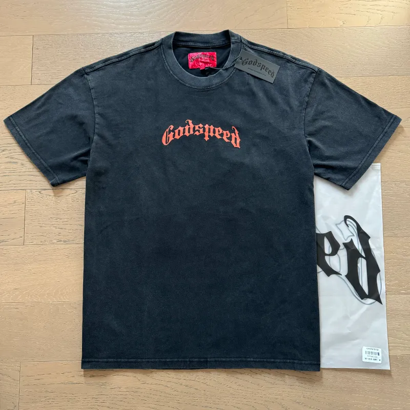 1019# P126 Washed Black Real Shot Godspeed American Fashion Rock Street Retro Washed Distressed Printed Pure Cotton Short Sleeves Fabric: 250g 32 Count Fine Cotton Double Yarn Pure Cotton Color: Washed Black Size: S M L XL