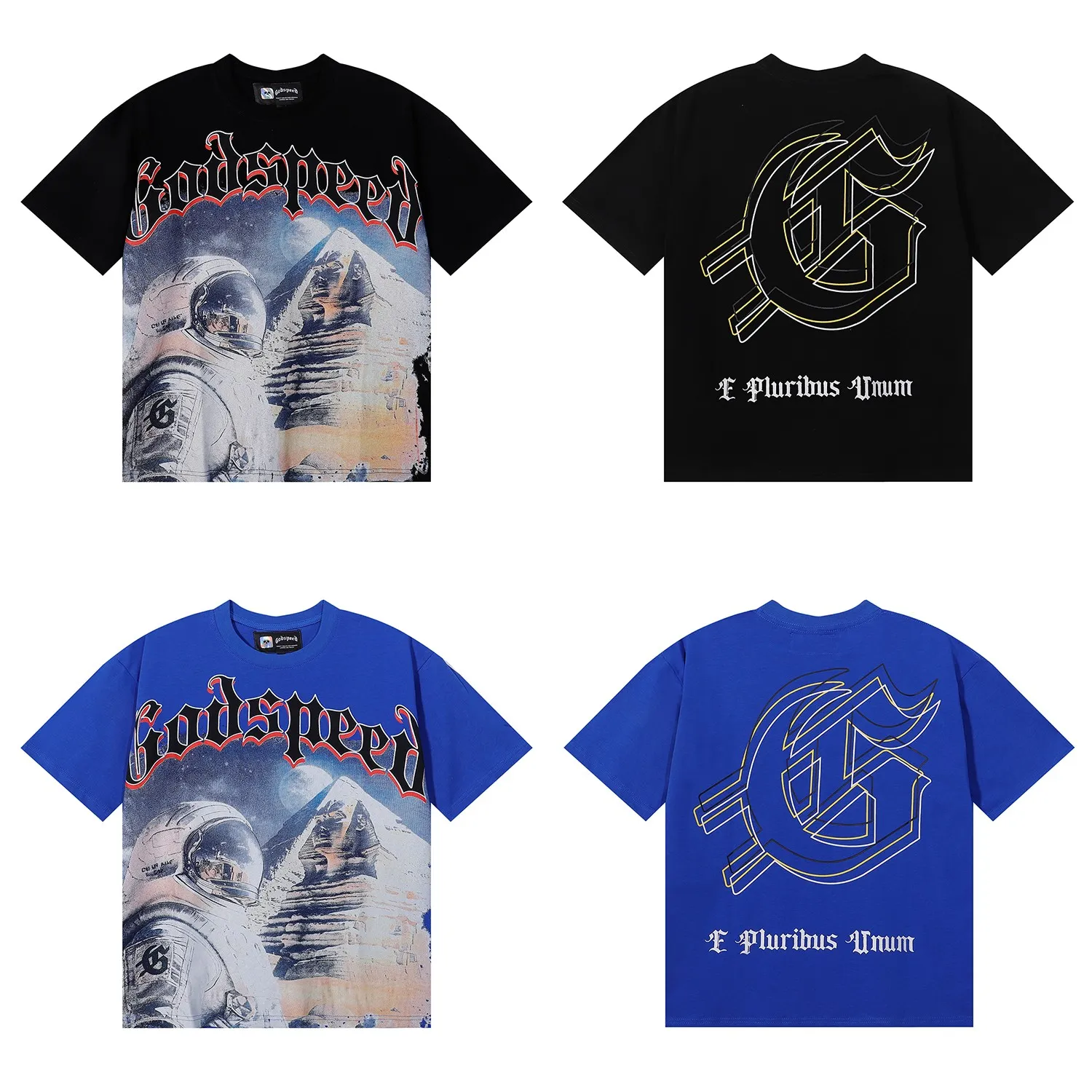 No. 7053, Mechao Godspeed space suit pyramid print high quality double yarn pure cotton casual round neck short-sleeved T-shirt batch 110 Color: black, blue; Size: S M L XL