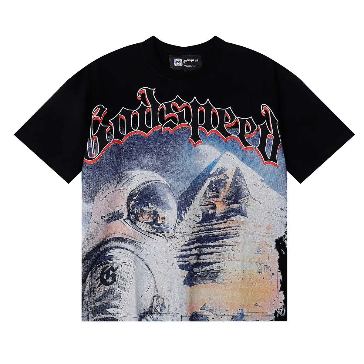 No. 7053, Mechao Godspeed space suit pyramid print high quality double yarn pure cotton casual round neck short-sleeved T-shirt batch 110 Color: black, blue; Size: S M L XL