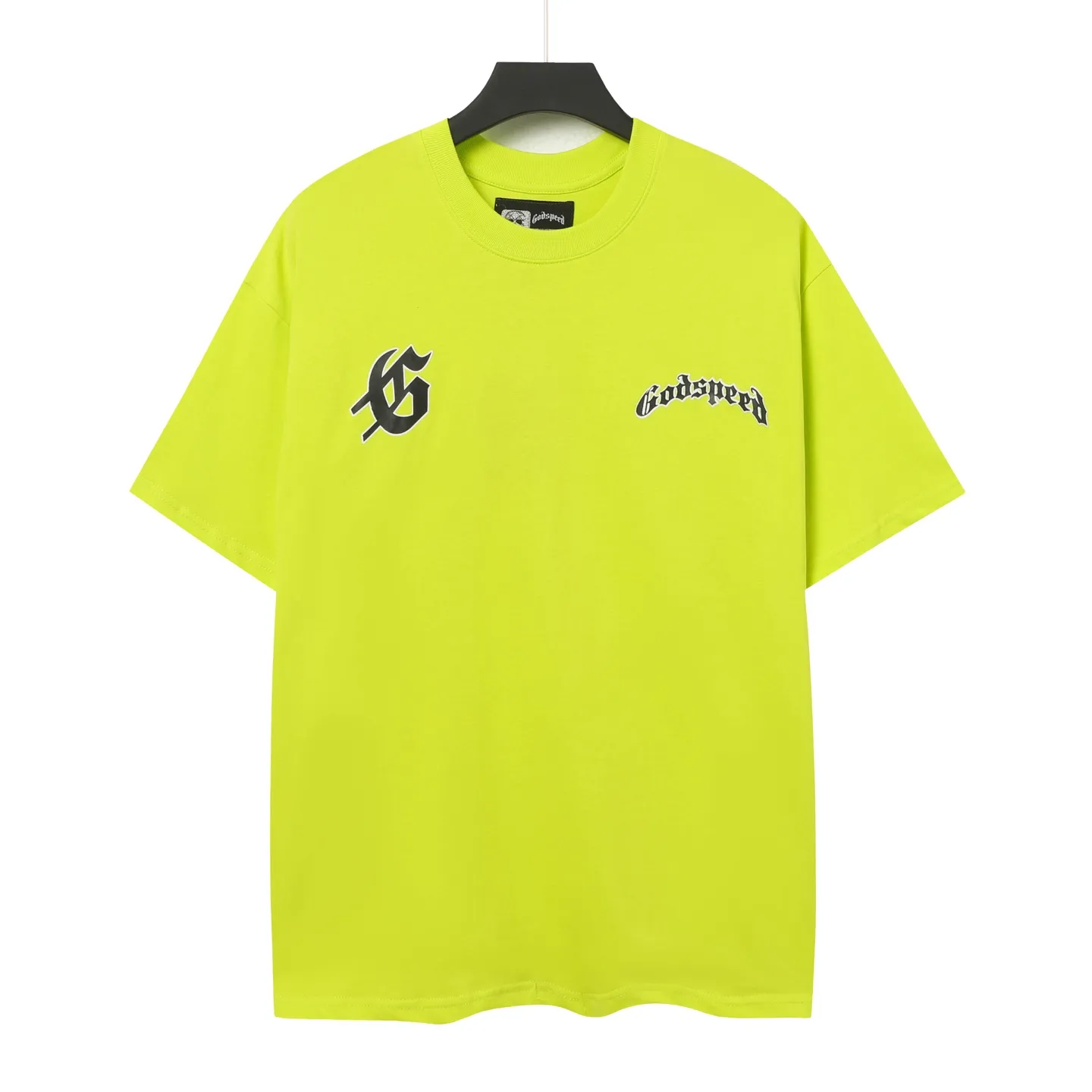 5035# Fluorescent Green｜P104 Godspeed cross-border American rock and roll street washed retro style short-sleeved T (craft printing) fabric (fabric) 32-count combed double yarn 240 grams weight code number (size): S-M-L-XL color (colour): fluorescent green