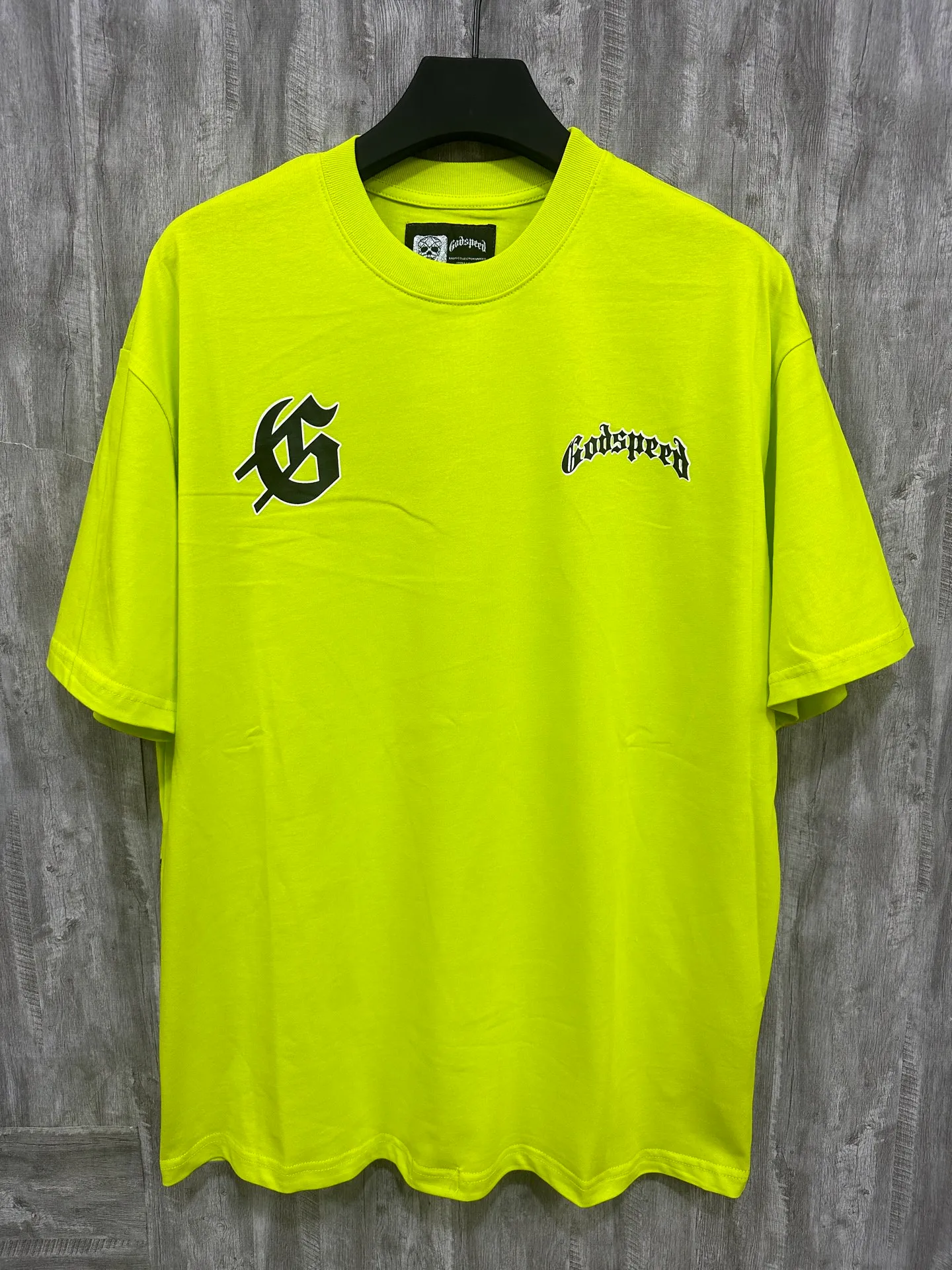 5035# Fluorescent Green｜P104 Godspeed cross-border American rock and roll street washed retro style short-sleeved T (craft printing) fabric (fabric) 32-count combed double yarn 240 grams weight code number (size): S-M-L-XL color (colour): fluorescent green