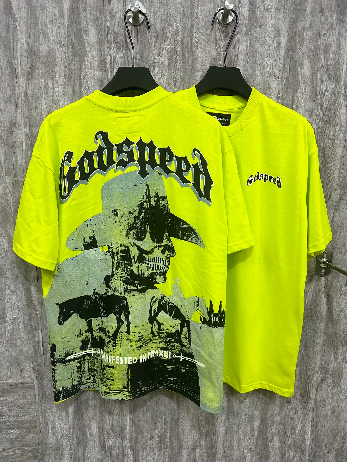 5035# Fluorescent Green｜P104 Godspeed cross-border American rock and roll street washed retro style short-sleeved T (craft printing) fabric (fabric) 32-count combed double yarn 240 grams weight code number (size): S-M-L-XL color (colour): fluorescent green