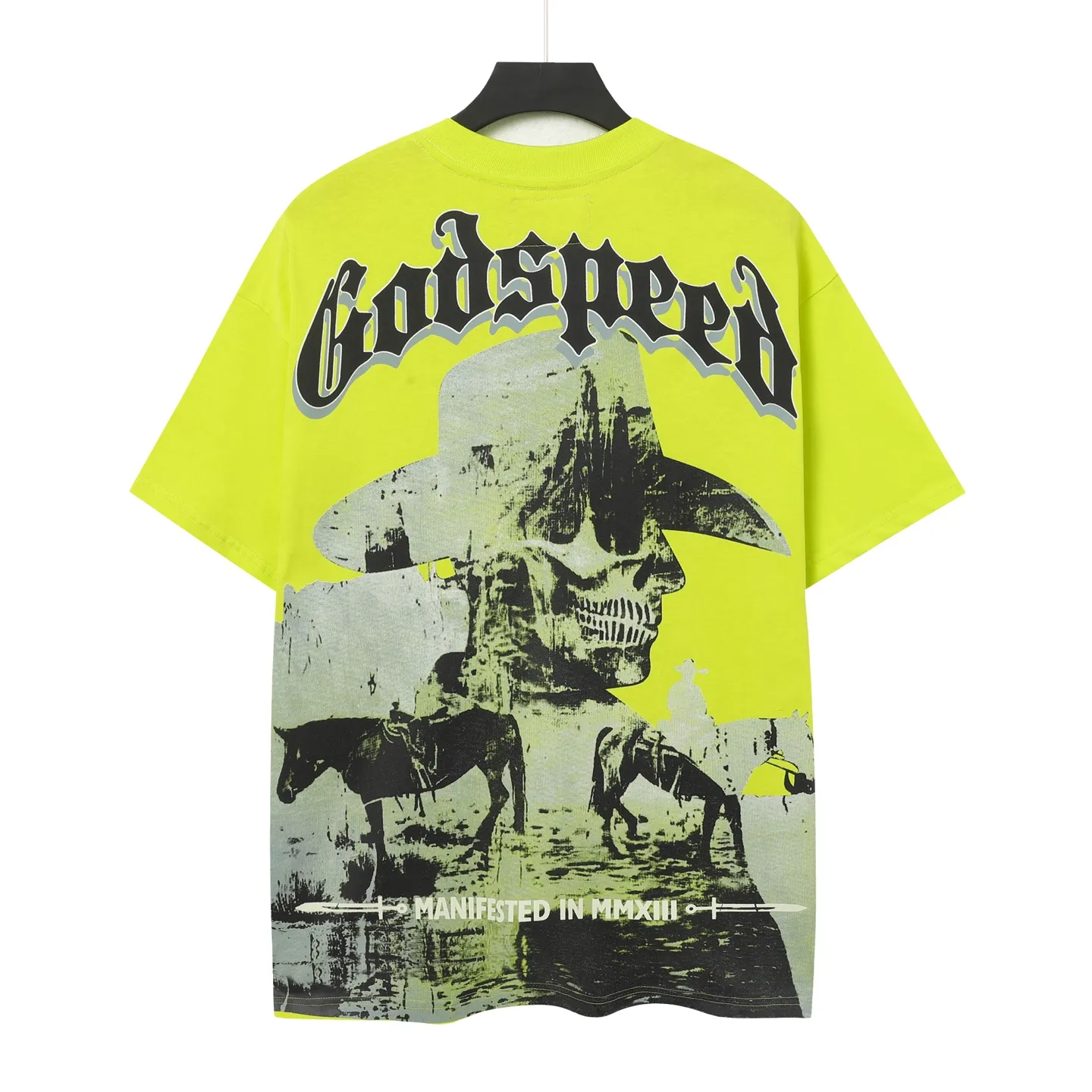 5035# Fluorescent Green｜P104 Godspeed cross-border American rock and roll street washed retro style short-sleeved T (craft printing) fabric (fabric) 32-count combed double yarn 240 grams weight code number (size): S-M-L-XL color (colour): fluorescent green