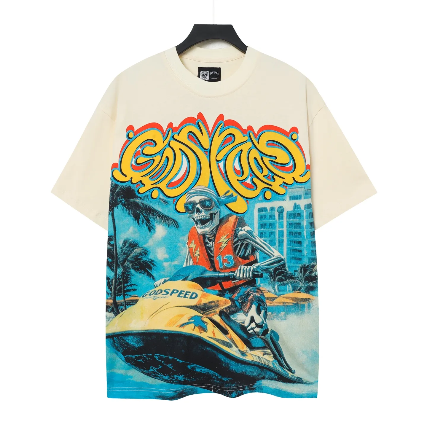 5081#apricot | P104 Godspeed cross-border American rock and roll street washed retro style short-sleeved T (craft printing) fabric (fabric) 32 counts combed double yarn 240 grams weight code number (size): S-M-L-XL color (colour): apricot