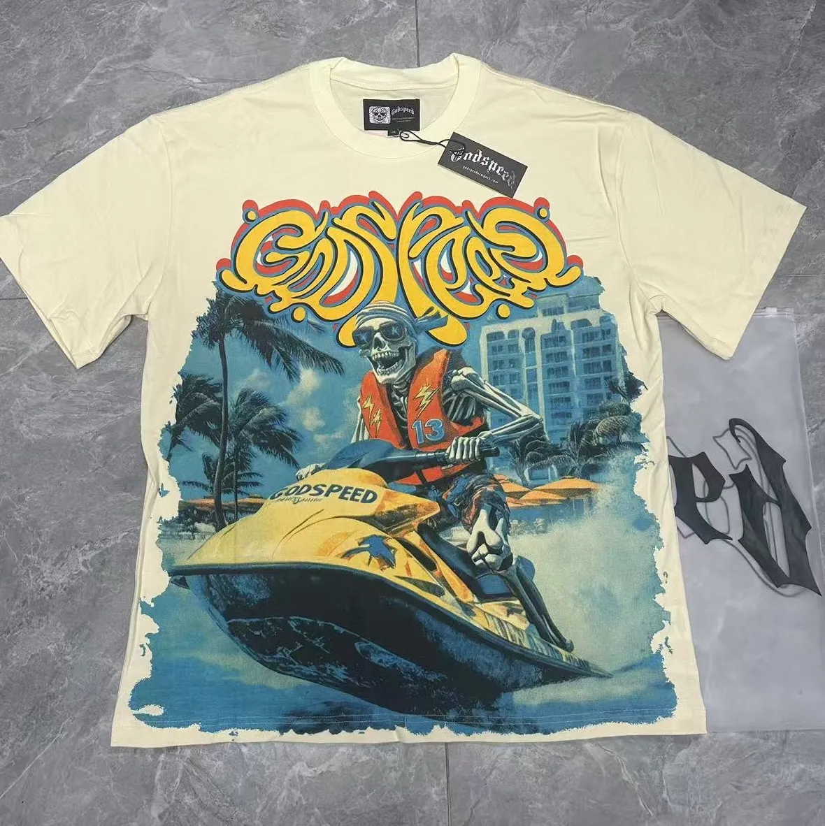 5081#apricot | P104 Godspeed cross-border American rock and roll street washed retro style short-sleeved T (craft printing) fabric (fabric) 32 counts combed double yarn 240 grams weight code number (size): S-M-L-XL color (colour): apricot