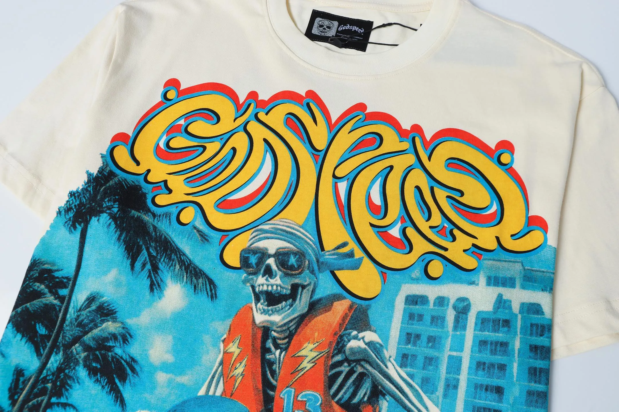 5081#apricot | P104 Godspeed cross-border American rock and roll street washed retro style short-sleeved T (craft printing) fabric (fabric) 32 counts combed double yarn 240 grams weight code number (size): S-M-L-XL color (colour): apricot