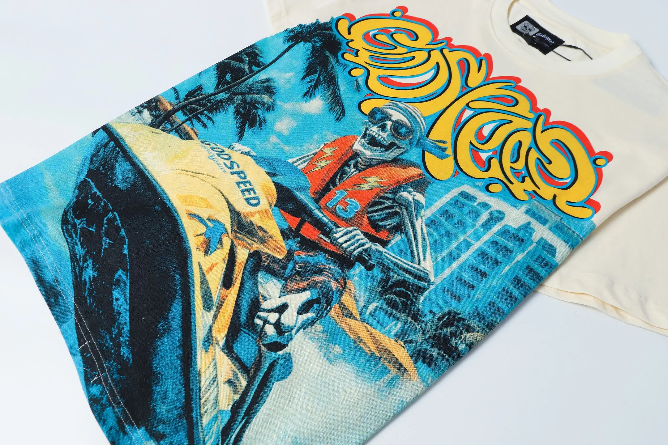 5081#apricot | P104 Godspeed cross-border American rock and roll street washed retro style short-sleeved T (craft printing) fabric (fabric) 32 counts combed double yarn 240 grams weight code number (size): S-M-L-XL color (colour): apricot