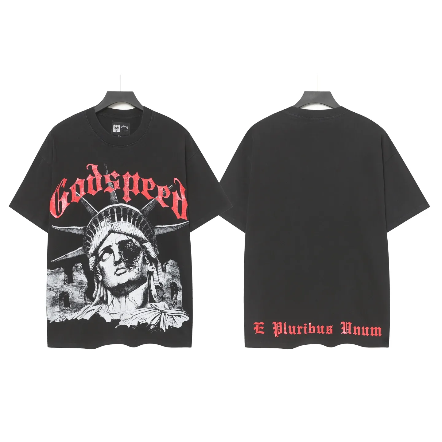 58💰6086#washed black｜Godspeed cross-border American rock and roll street washed retro style short-sleeved T (craft print) fabric (fabric): 32 count combed double yarn 250g weight size (size): S-M-L-XL color (colour): washed black 👉 👉