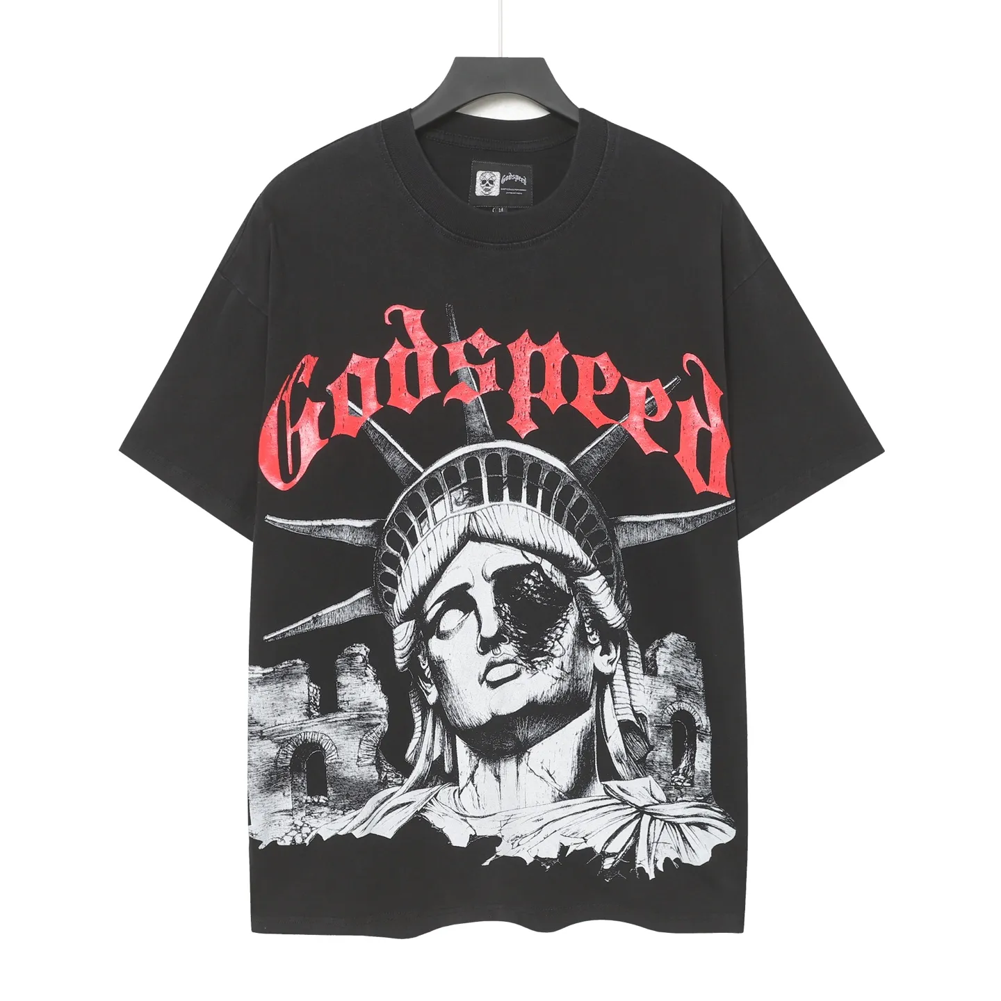58💰6086#washed black｜Godspeed cross-border American rock and roll street washed retro style short-sleeved T (craft print) fabric (fabric): 32 count combed double yarn 250g weight size (size): S-M-L-XL color (colour): washed black 👉 👉