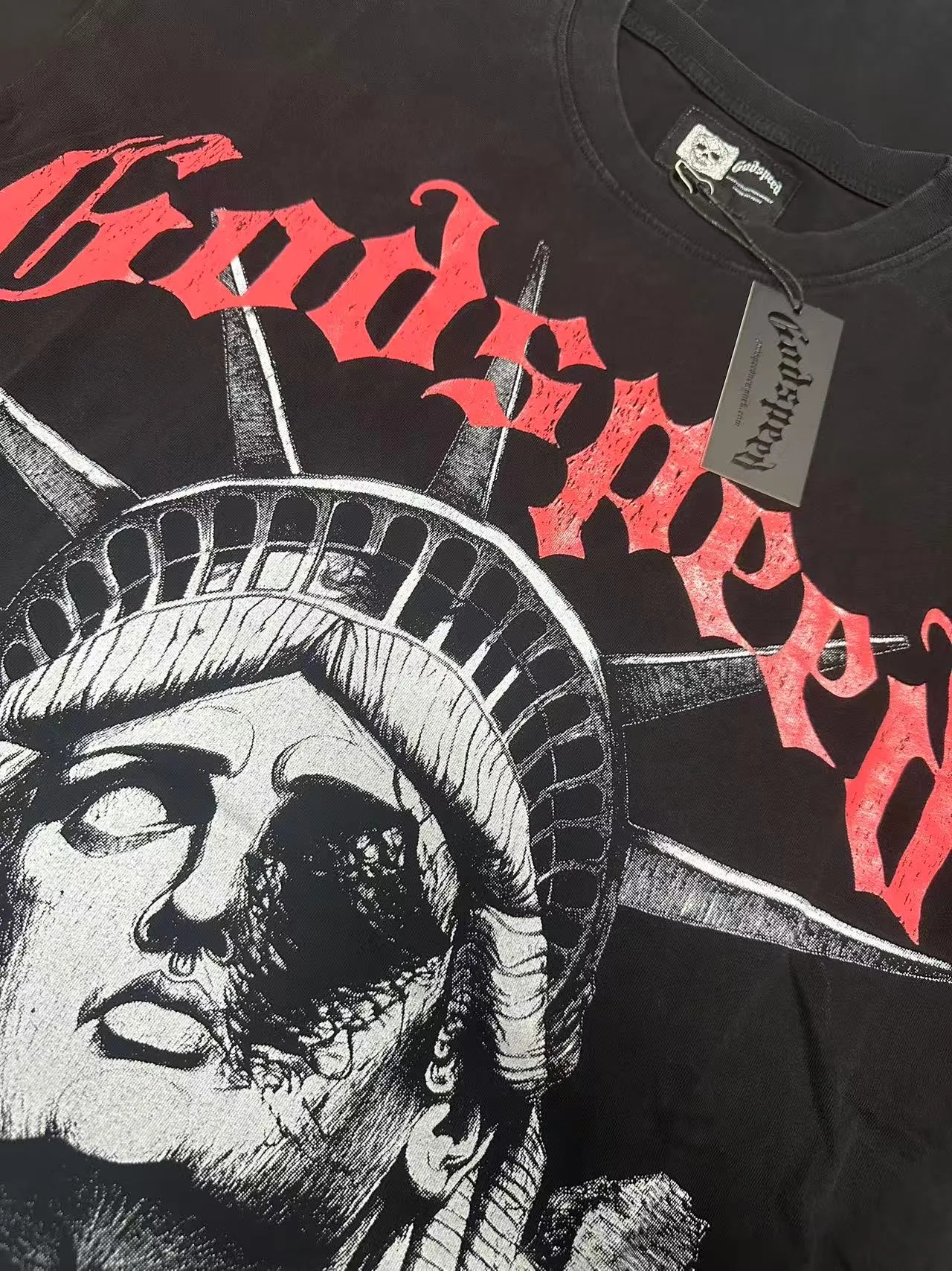 58💰6086#washed black｜Godspeed cross-border American rock and roll street washed retro style short-sleeved T (craft print) fabric (fabric): 32 count combed double yarn 250g weight size (size): S-M-L-XL color (colour): washed black 👉 👉