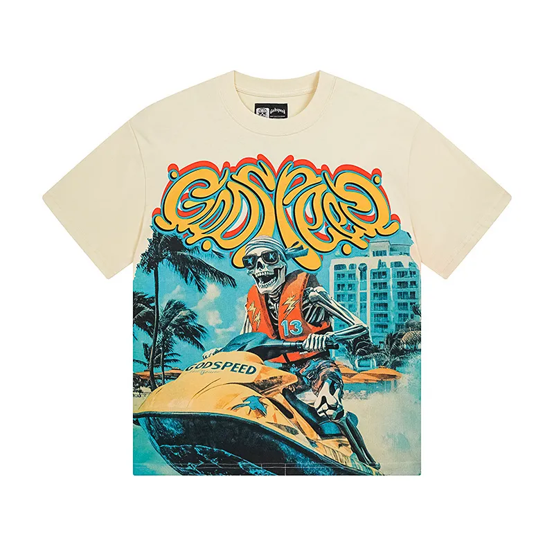 3111# P106 Real shot Godspeed American fashion rock street retro loose printed cotton short sleeves Fabric: 240g 32 count fine cotton double yarn pure cotton Color: apricot Size: S M L XL