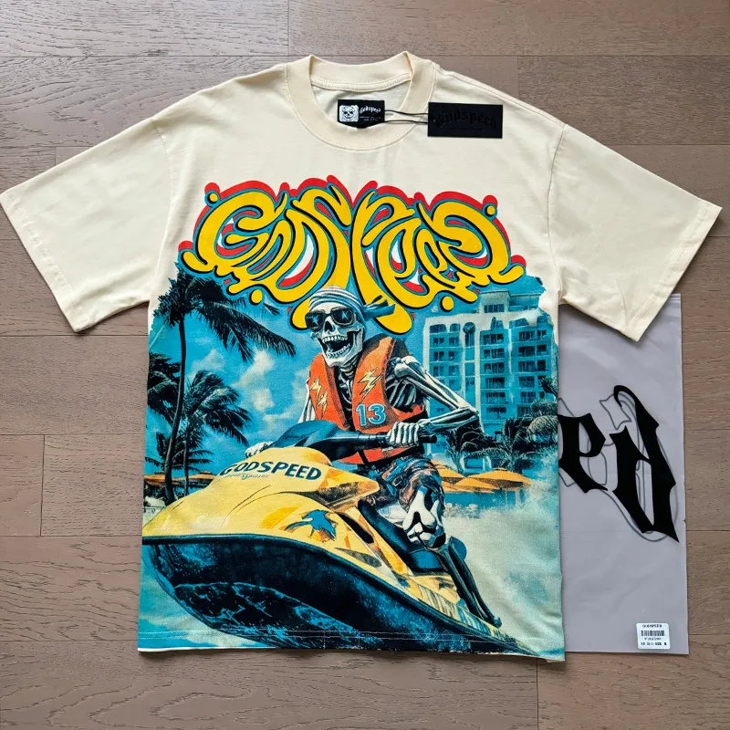 3111# P106 Real shot Godspeed American fashion rock street retro loose printed cotton short sleeves Fabric: 240g 32 count fine cotton double yarn pure cotton Color: apricot Size: S M L XL