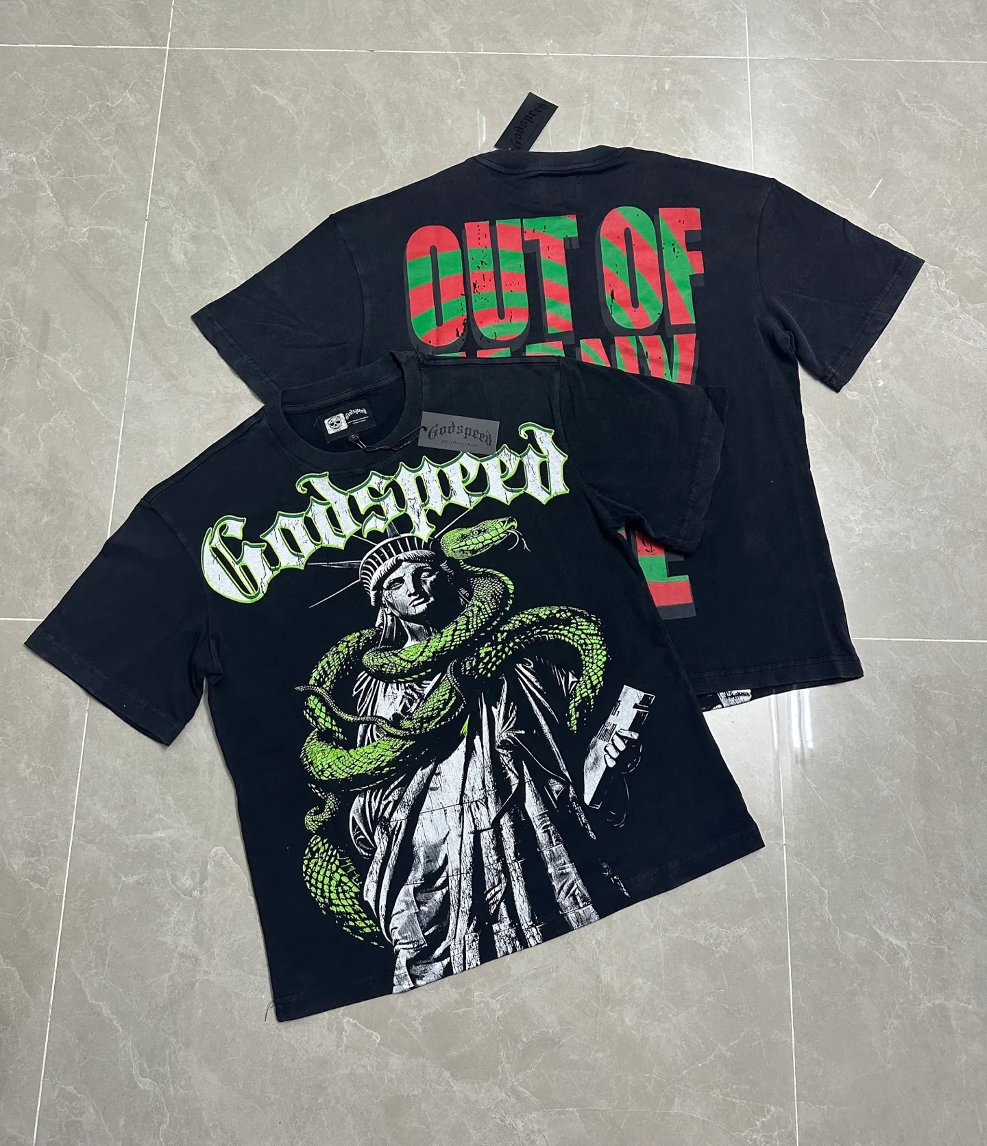6317 washed black I P116 #Godspeed cross-border American rock and roll street washed retro style short-sleeved T (craft printing) fabric (fabric): 32 count combed double yarn 250 grams weight code number (size): S-M-L-XL color (colour): washed black