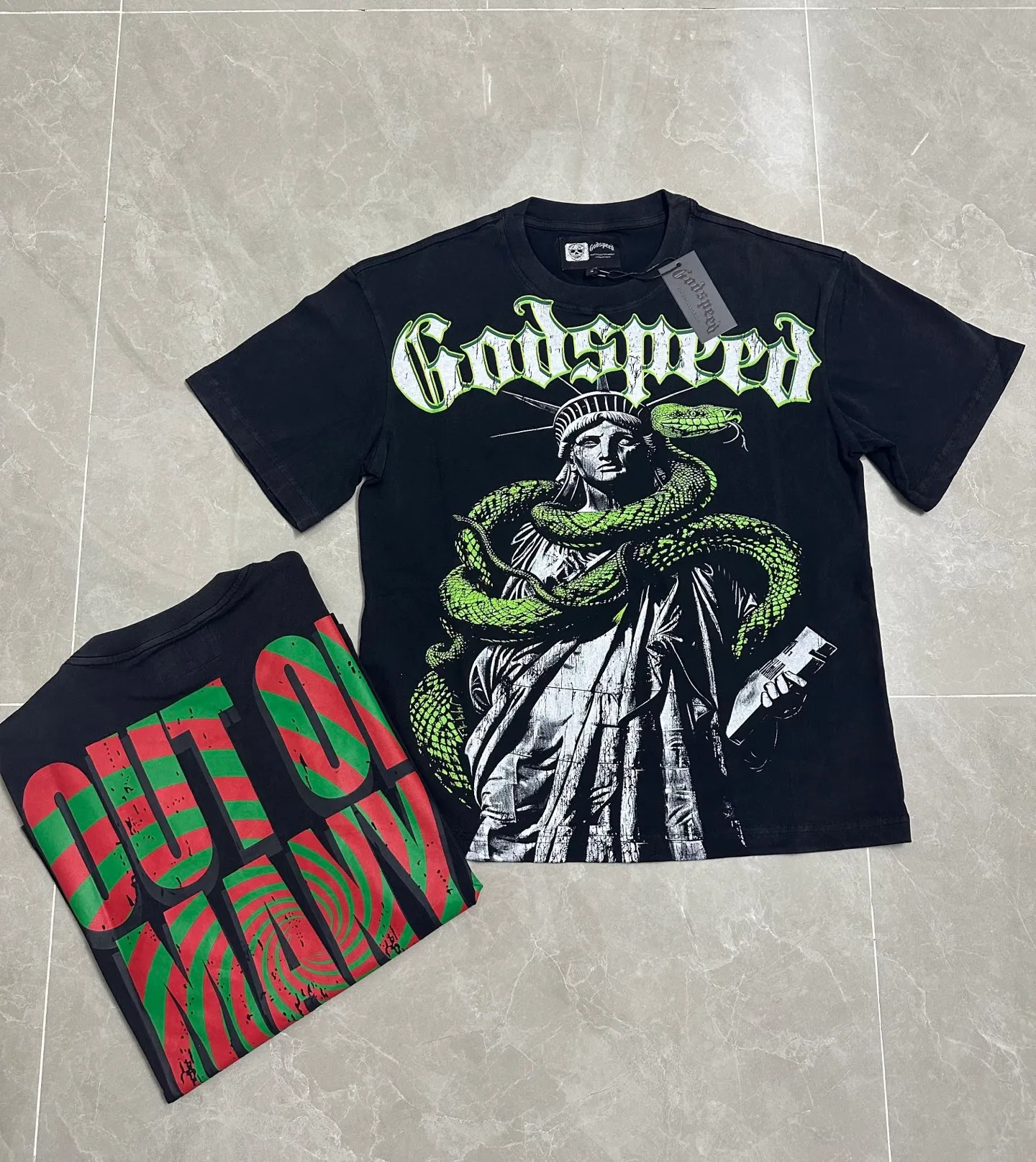 6317 washed black I P116 #Godspeed cross-border American rock and roll street washed retro style short-sleeved T (craft printing) fabric (fabric): 32 count combed double yarn 250 grams weight code number (size): S-M-L-XL color (colour): washed black