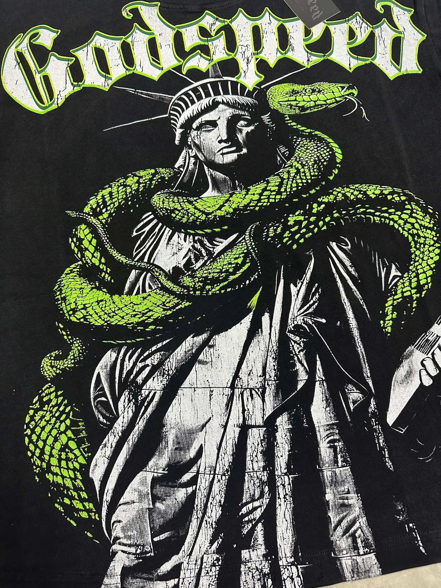 6317 washed black I P116 #Godspeed cross-border American rock and roll street washed retro style short-sleeved T (craft printing) fabric (fabric): 32 count combed double yarn 250 grams weight code number (size): S-M-L-XL color (colour): washed black