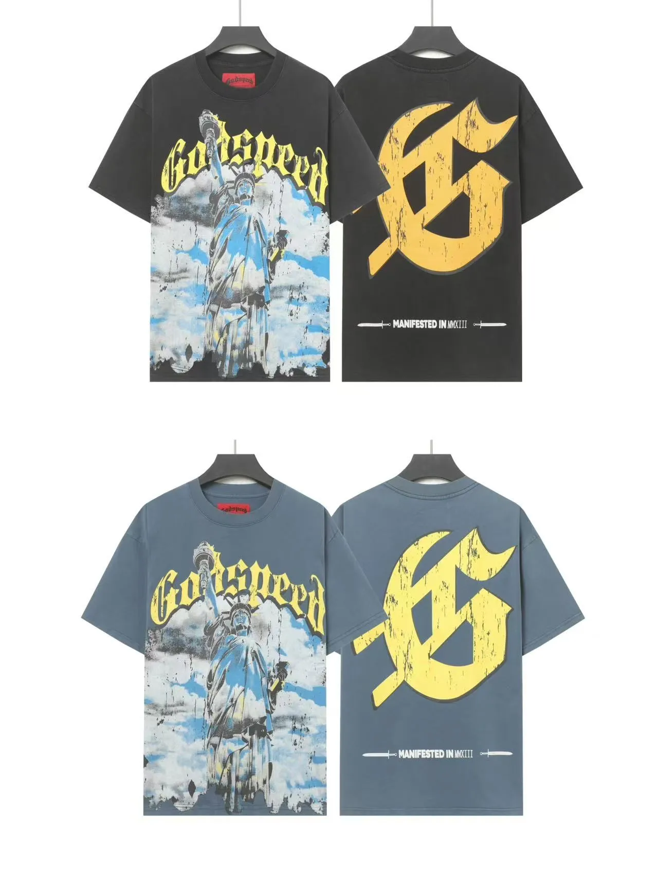 6010#washed black/washed denim blue｜P116 Godspeed cross-border American rock and roll street washed retro style short-sleeved T (craft printing) fabric (fabric): 32-count combed double yarn 250g weight code (size): S-M-L-XL color (colour): washed black, washed denim blue