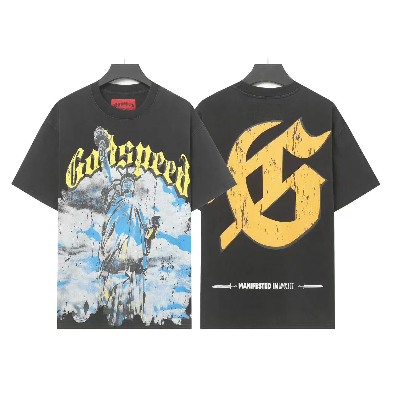 6010#washed black/washed denim blue｜P116 Godspeed cross-border American rock and roll street washed retro style short-sleeved T (craft printing) fabric (fabric): 32-count combed double yarn 250g weight code (size): S-M-L-XL color (colour): washed black, washed denim blue