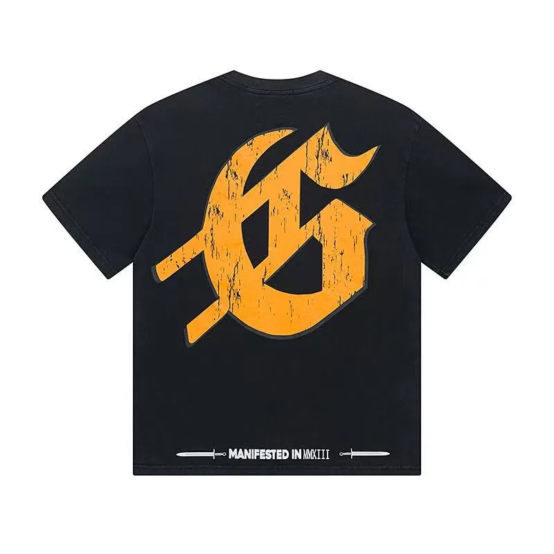 6010#washed black/washed denim blue｜P116 Godspeed cross-border American rock and roll street washed retro style short-sleeved T (craft printing) fabric (fabric): 32-count combed double yarn 250g weight code (size): S-M-L-XL color (colour): washed black, washed denim blue