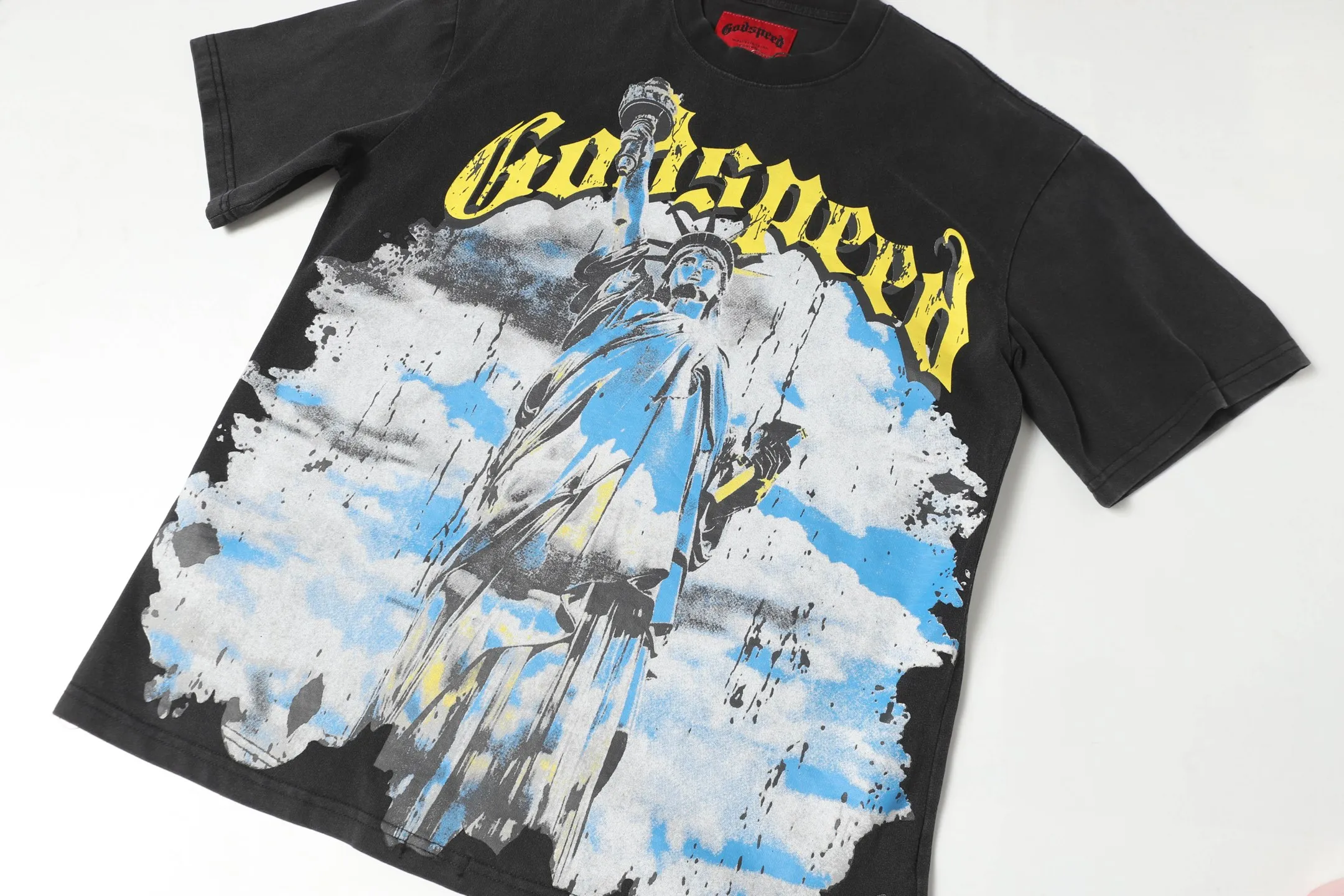 6010#washed black/washed denim blue｜P116 Godspeed cross-border American rock and roll street washed retro style short-sleeved T (craft printing) fabric (fabric): 32-count combed double yarn 250g weight code (size): S-M-L-XL color (colour): washed black, washed denim blue