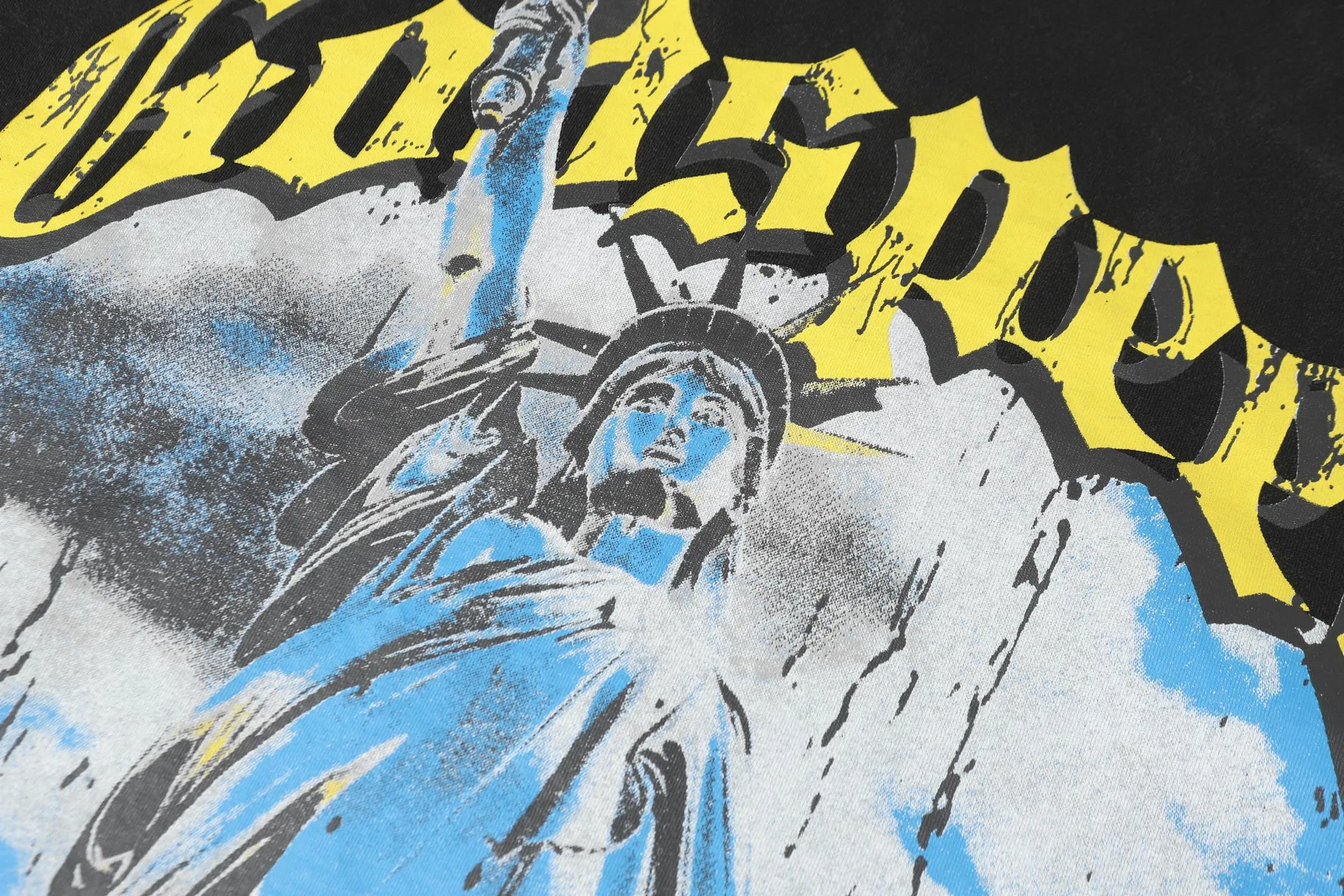 6010#washed black/washed denim blue｜P116 Godspeed cross-border American rock and roll street washed retro style short-sleeved T (craft printing) fabric (fabric): 32-count combed double yarn 250g weight code (size): S-M-L-XL color (colour): washed black, washed denim blue