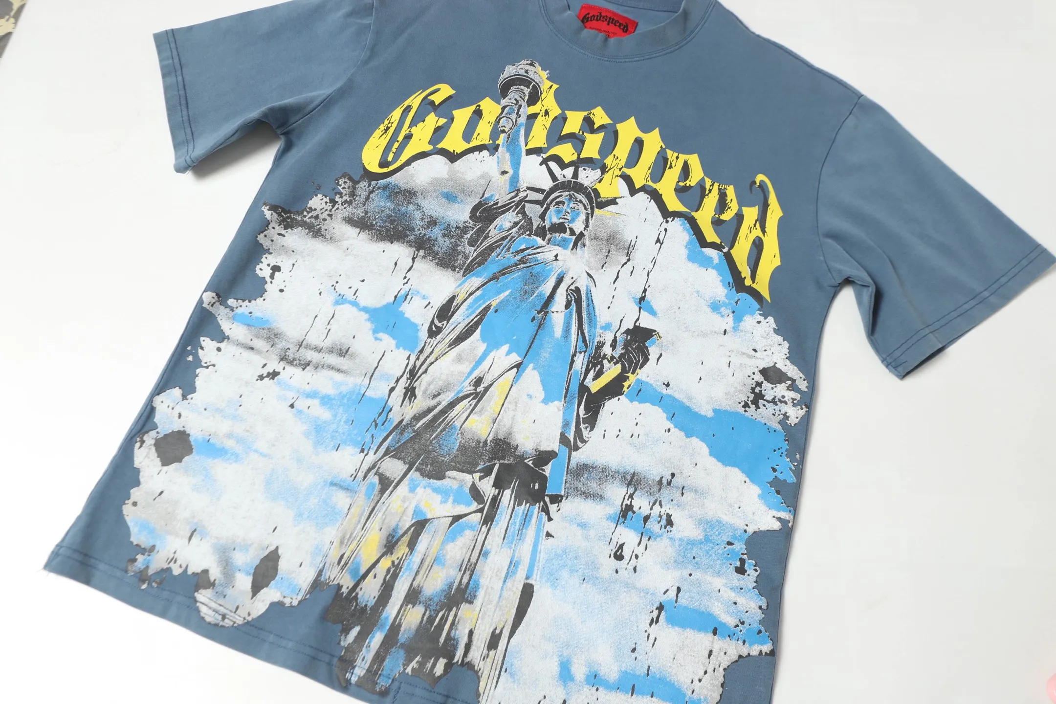 6010#washed black/washed denim blue｜P116 Godspeed cross-border American rock and roll street washed retro style short-sleeved T (craft printing) fabric (fabric): 32-count combed double yarn 250g weight code (size): S-M-L-XL color (colour): washed black, washed denim blue