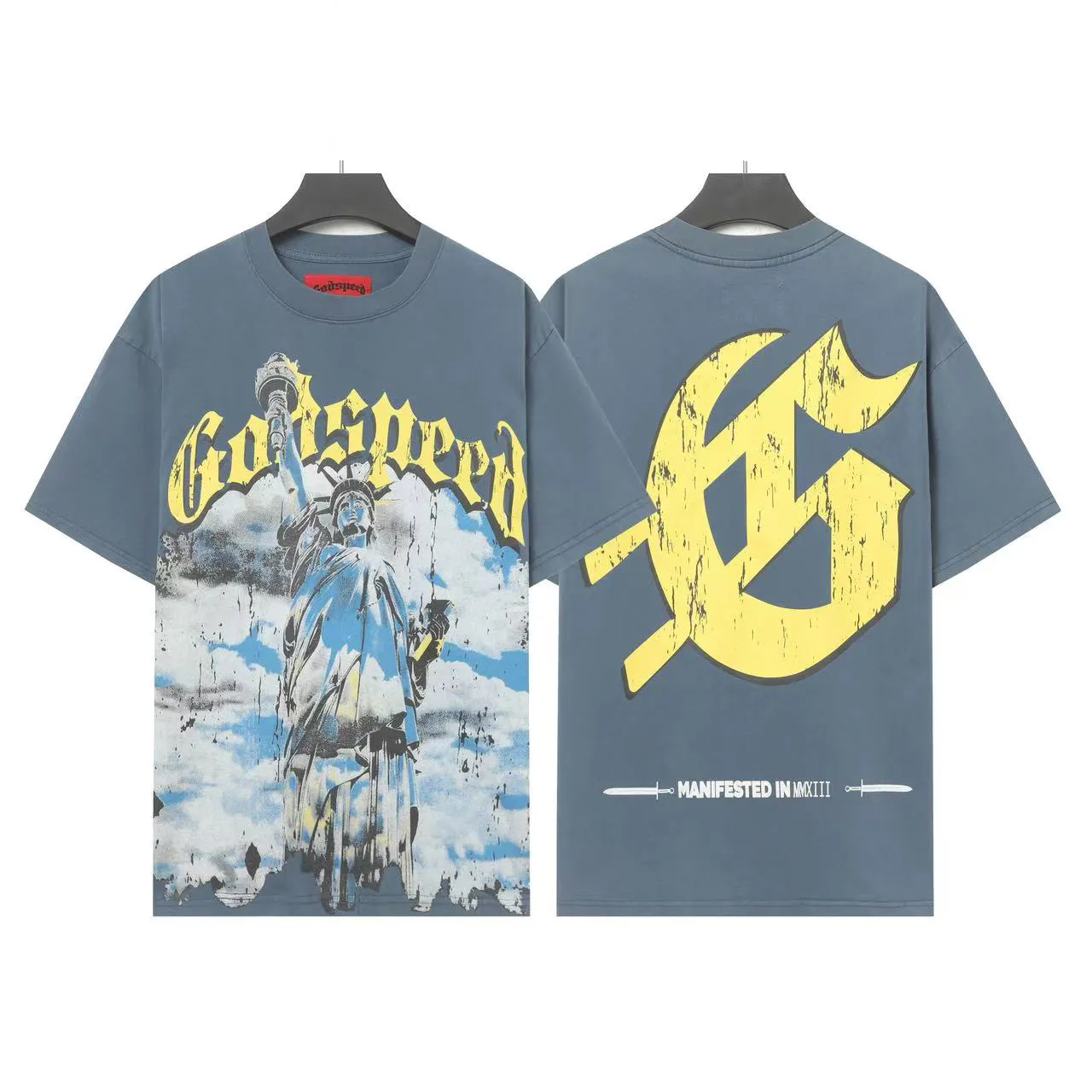 6010#washed black/washed denim blue｜P116 Godspeed cross-border American rock and roll street washed retro style short-sleeved T (craft printing) fabric (fabric): 32-count combed double yarn 250g weight code (size): S-M-L-XL color (colour): washed black, washed denim blue