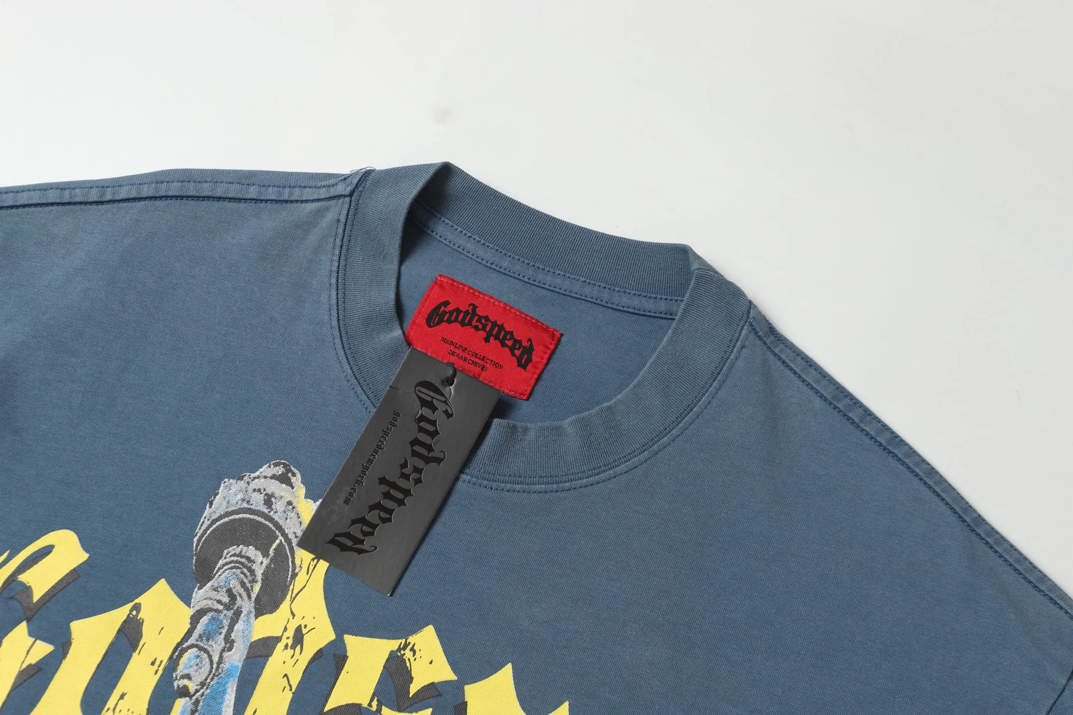 6010#washed black/washed denim blue｜P116 Godspeed cross-border American rock and roll street washed retro style short-sleeved T (craft printing) fabric (fabric): 32-count combed double yarn 250g weight code (size): S-M-L-XL color (colour): washed black, washed denim blue