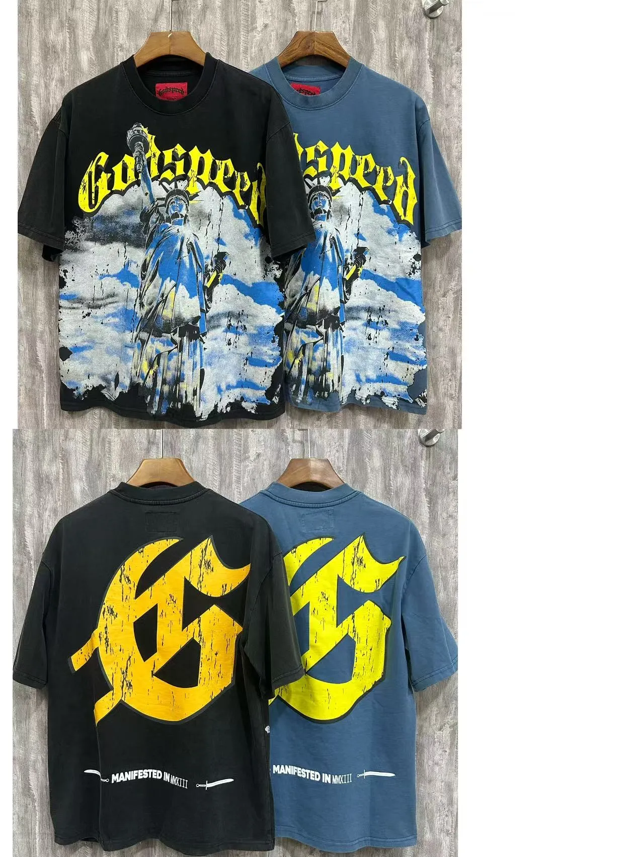 6010#washed black/washed denim blue｜P116 Godspeed cross-border American rock and roll street washed retro style short-sleeved T (craft printing) fabric (fabric): 32-count combed double yarn 250g weight code (size): S-M-L-XL color (colour): washed black, washed denim blue