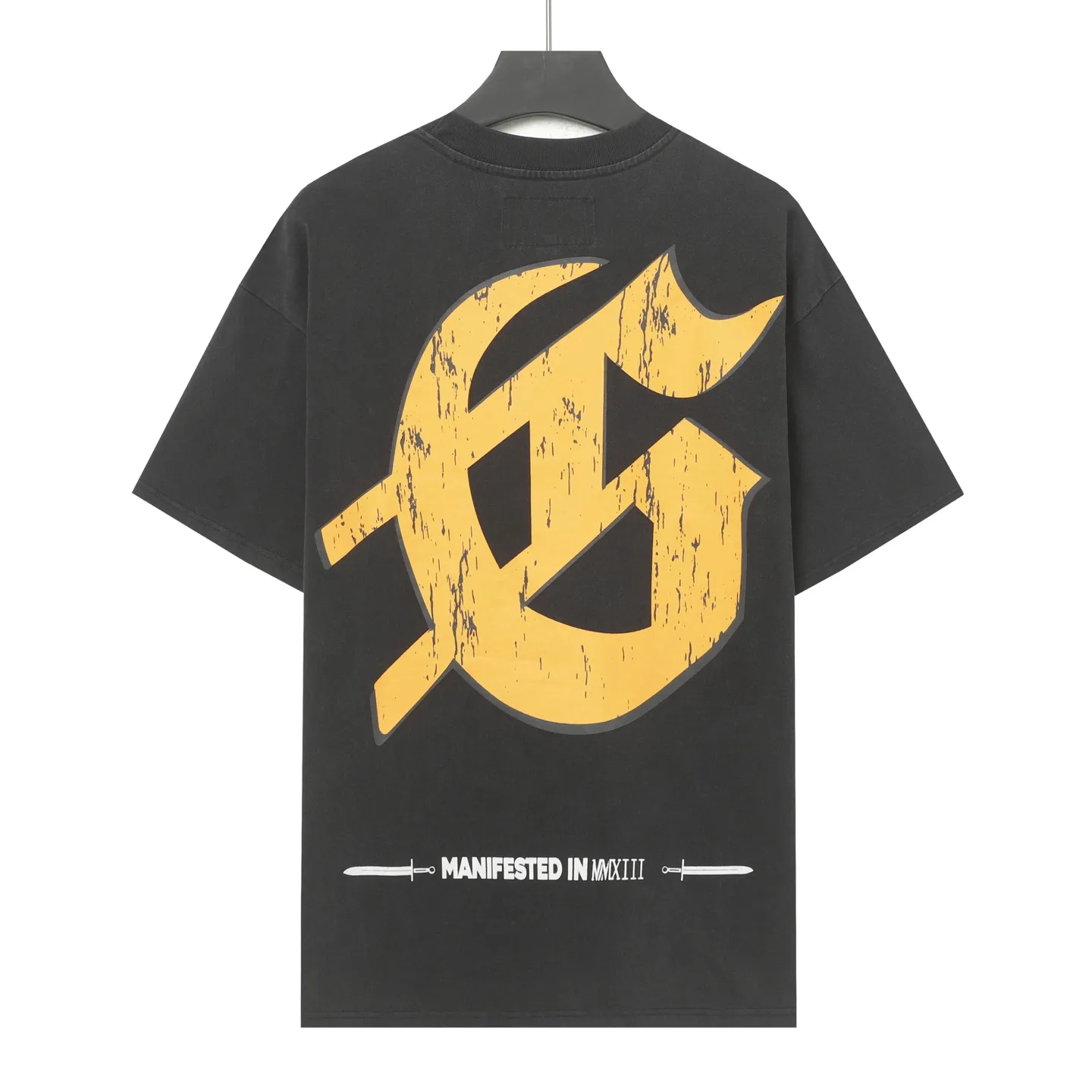 6010#washed black/washed denim blue｜P116 Godspeed cross-border American rock and roll street washed retro style short-sleeved T (craft printing) fabric (fabric): 32-count combed double yarn 250g weight code (size): S-M-L-XL color (colour): washed black, washed denim blue