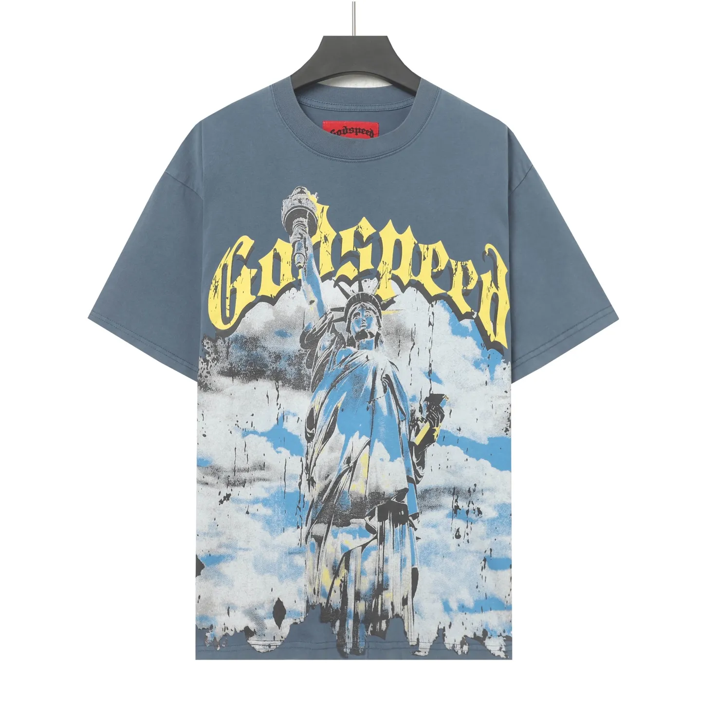 6010#washed black/washed denim blue｜P116 Godspeed cross-border American rock and roll street washed retro style short-sleeved T (craft printing) fabric (fabric): 32-count combed double yarn 250g weight code (size): S-M-L-XL color (colour): washed black, washed denim blue
