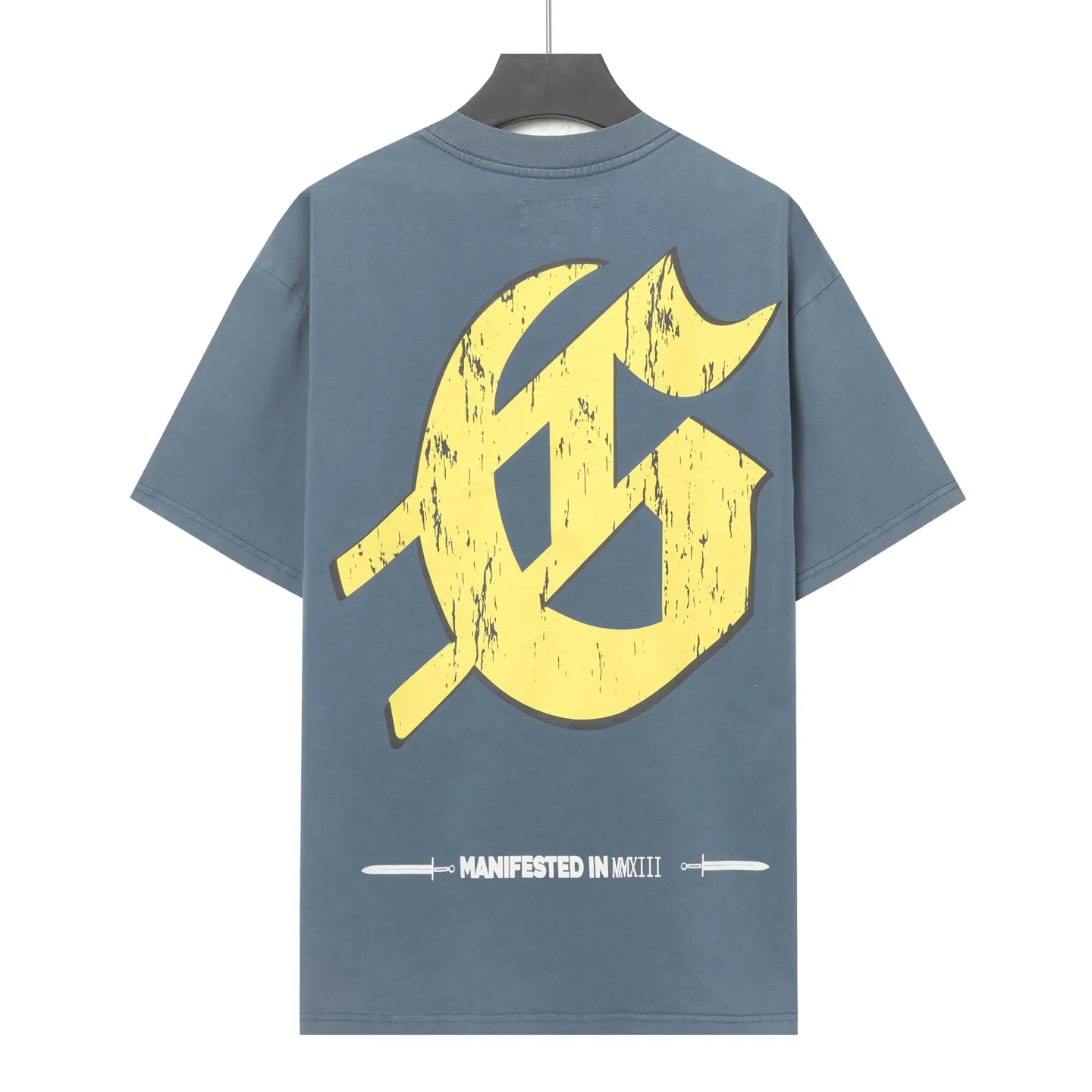 6010#washed black/washed denim blue｜P116 Godspeed cross-border American rock and roll street washed retro style short-sleeved T (craft printing) fabric (fabric): 32-count combed double yarn 250g weight code (size): S-M-L-XL color (colour): washed black, washed denim blue