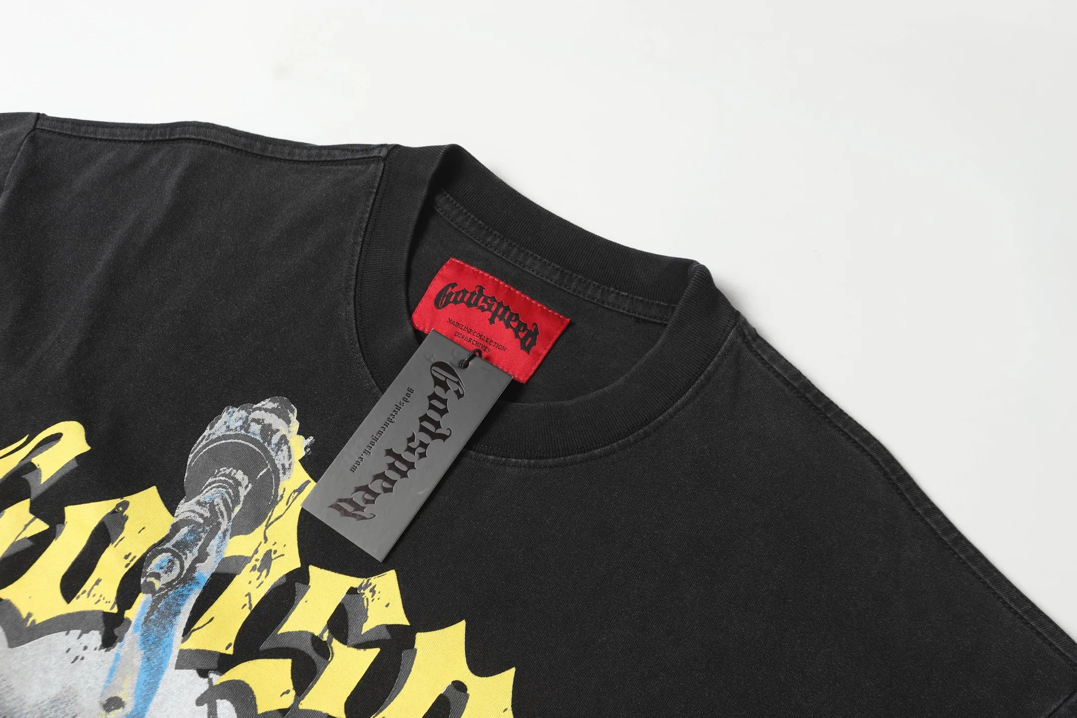 6010#washed black/washed denim blue｜P116 Godspeed cross-border American rock and roll street washed retro style short-sleeved T (craft printing) fabric (fabric): 32-count combed double yarn 250g weight code (size): S-M-L-XL color (colour): washed black, washed denim blue