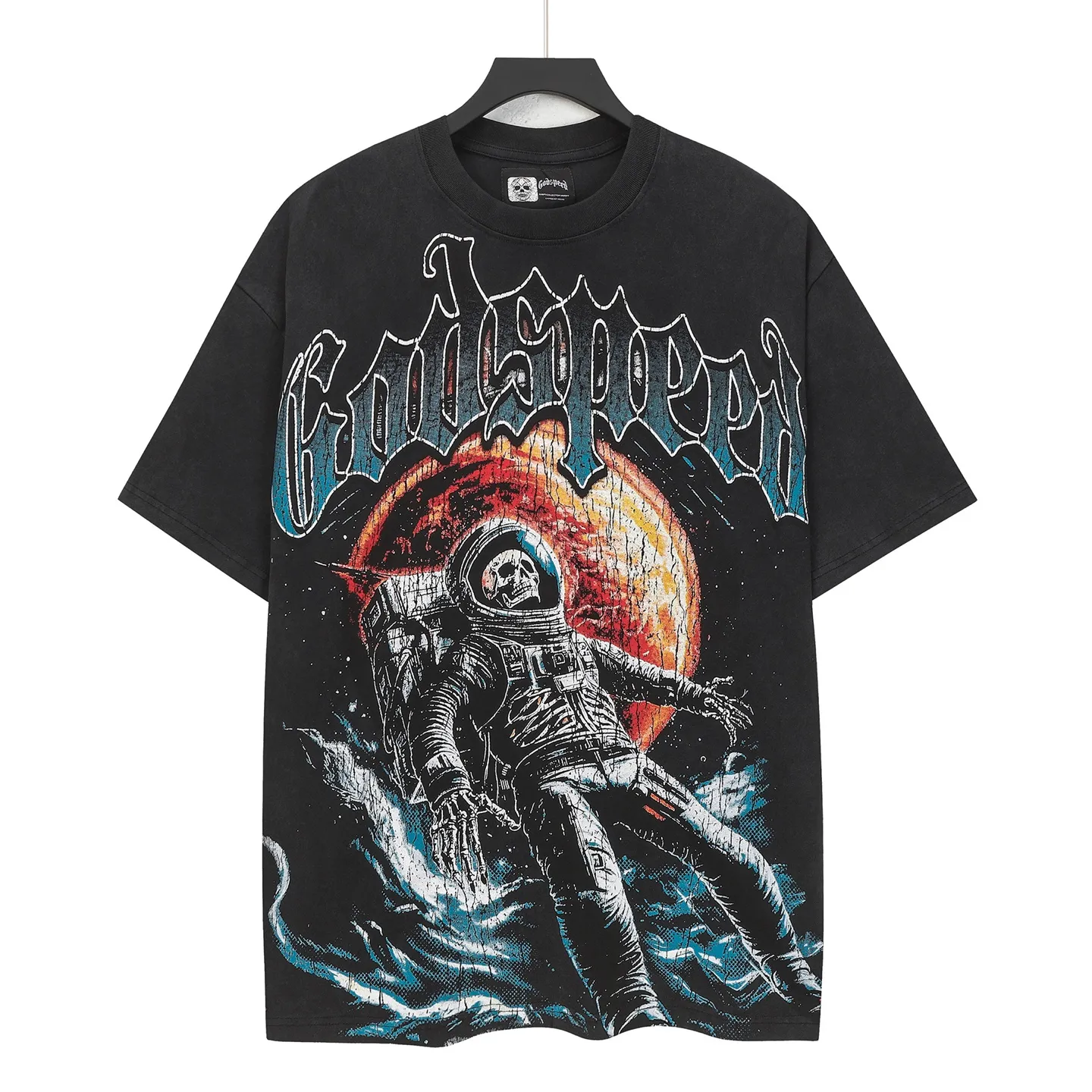 6131# Washed black I P116 Real stock (American fashion niche) Godspeed cross-border American rock street washed retro style short-sleeved T (craft printing) Fabric (fabric): 32 counts combed double yarn 250 grams weight Code number (size): S-M-L-XL Color (colour) Washed black