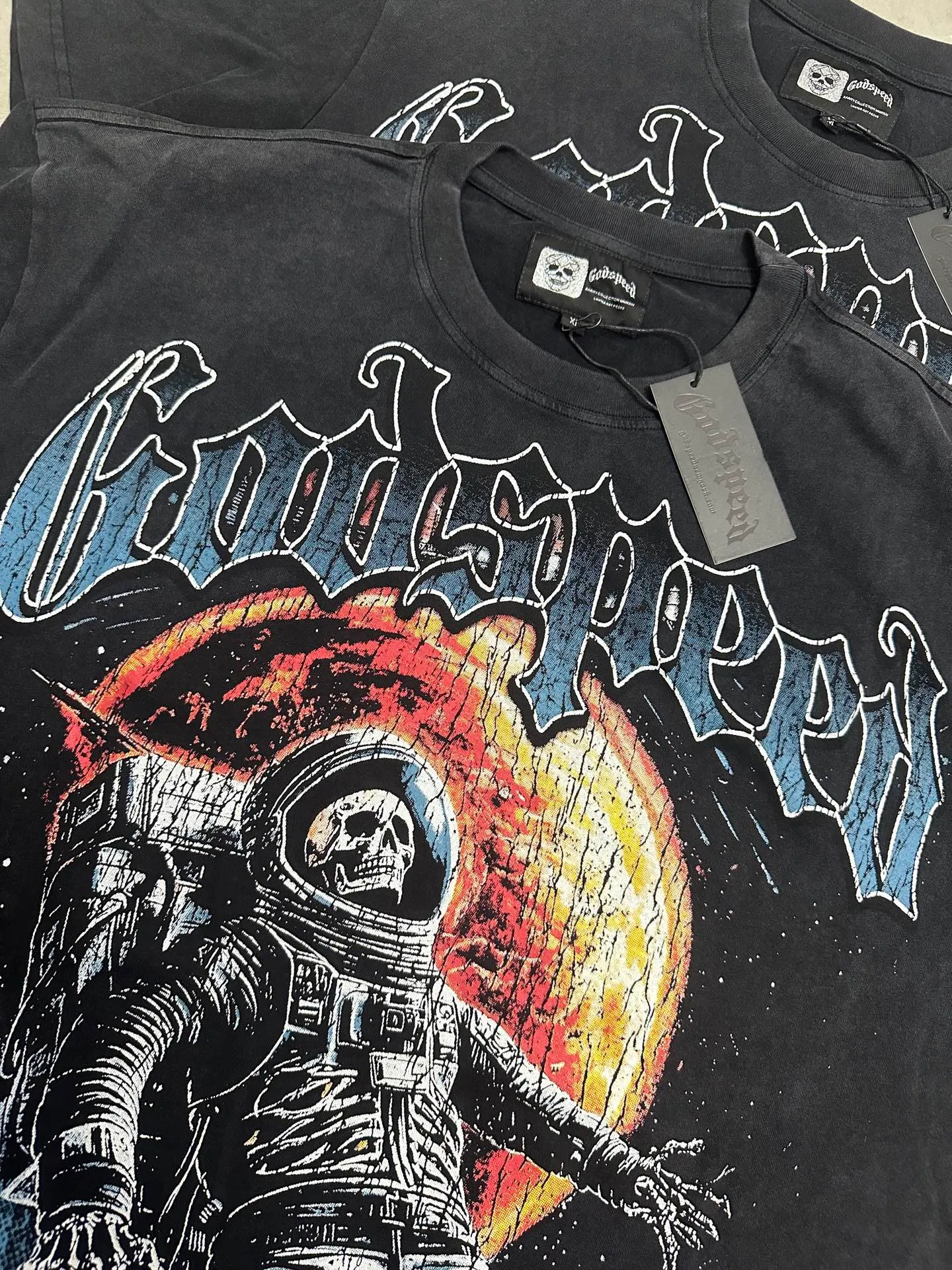 6131# Washed black I P116 Real stock (American fashion niche) Godspeed cross-border American rock street washed retro style short-sleeved T (craft printing) Fabric (fabric): 32 counts combed double yarn 250 grams weight Code number (size): S-M-L-XL Color (colour) Washed black