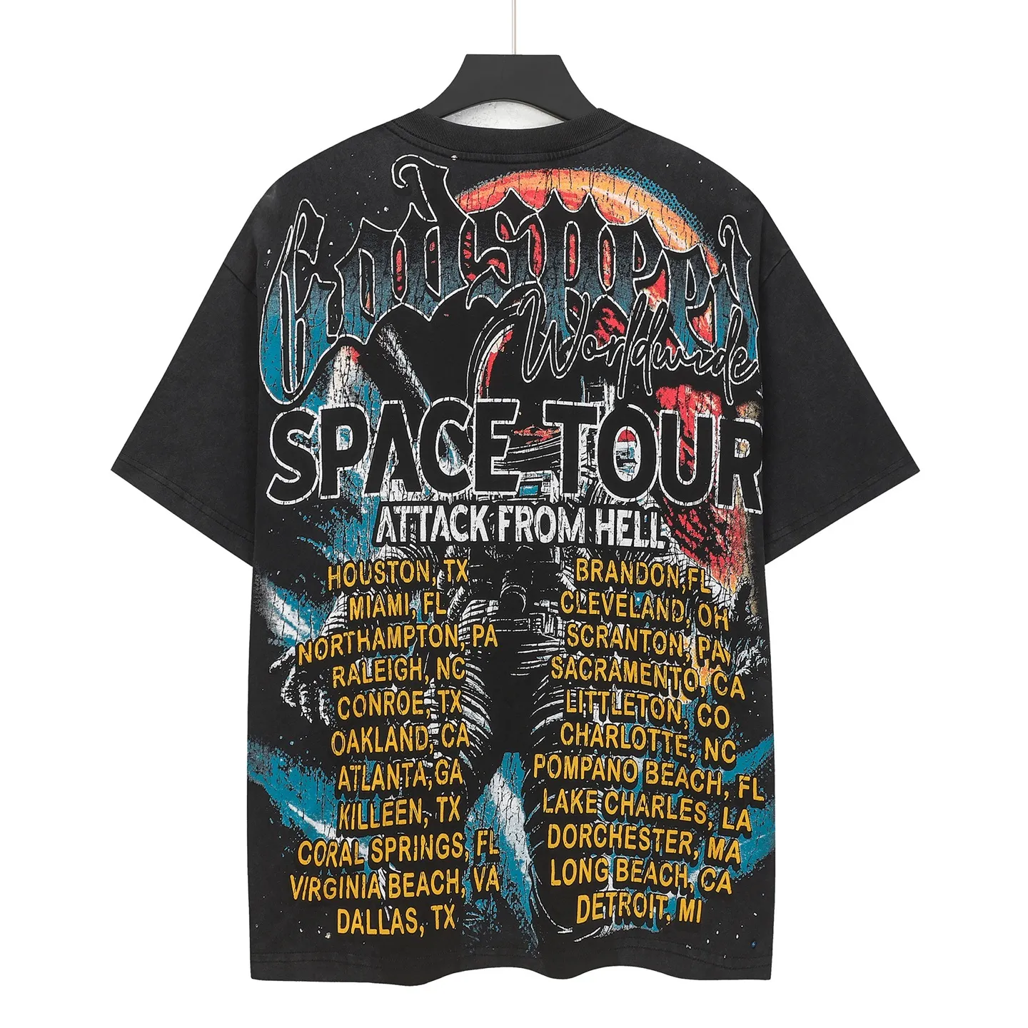 6131# Washed black I P116 Real stock (American fashion niche) Godspeed cross-border American rock street washed retro style short-sleeved T (craft printing) Fabric (fabric): 32 counts combed double yarn 250 grams weight Code number (size): S-M-L-XL Color (colour) Washed black