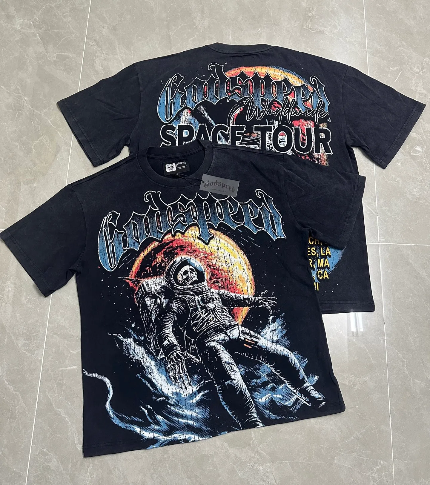 6131# Washed black I P116 Real stock (American fashion niche) Godspeed cross-border American rock street washed retro style short-sleeved T (craft printing) Fabric (fabric): 32 counts combed double yarn 250 grams weight Code number (size): S-M-L-XL Color (colour) Washed black