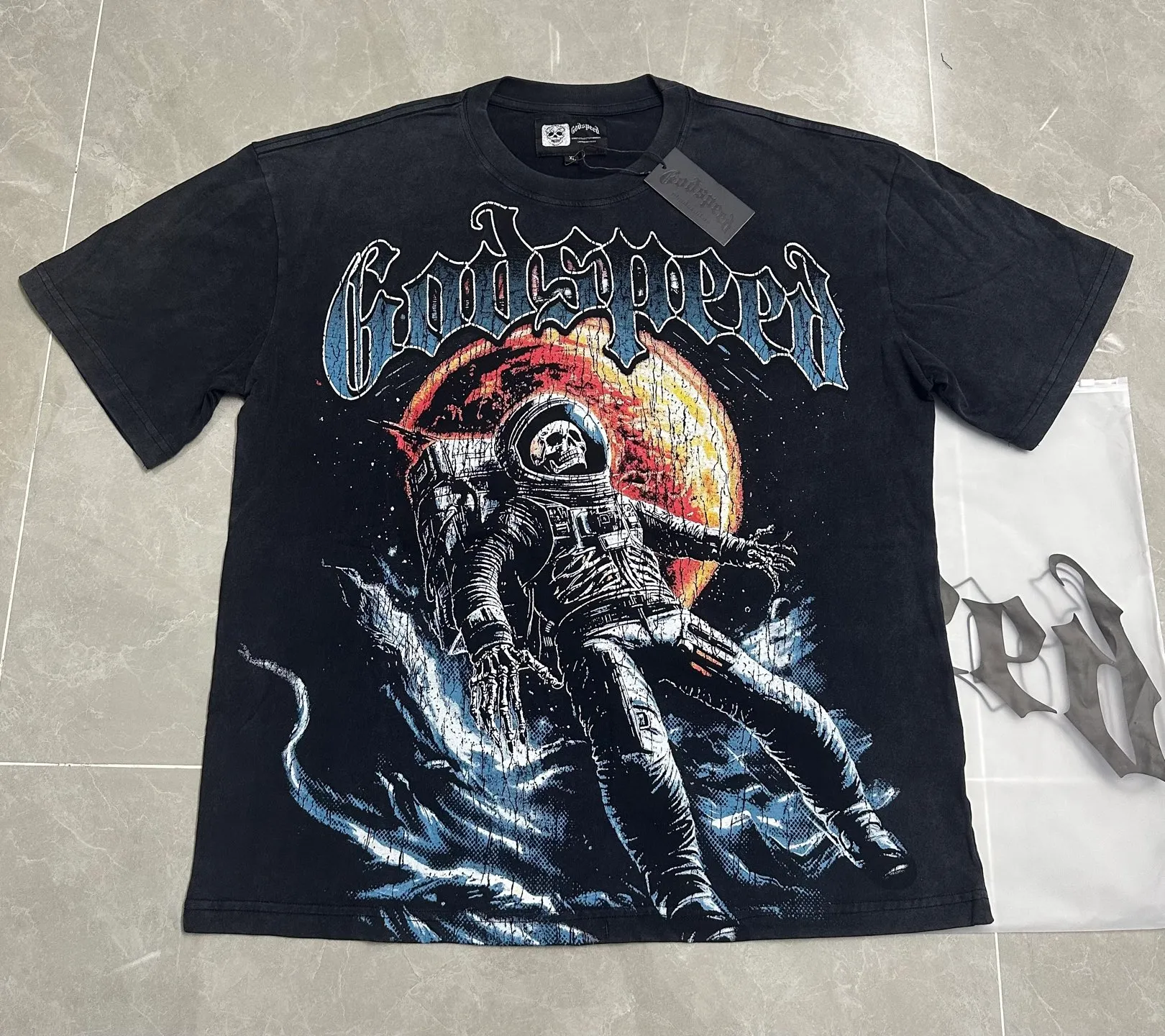 6131# Washed black I P116 Real stock (American fashion niche) Godspeed cross-border American rock street washed retro style short-sleeved T (craft printing) Fabric (fabric): 32 counts combed double yarn 250 grams weight Code number (size): S-M-L-XL Color (colour) Washed black