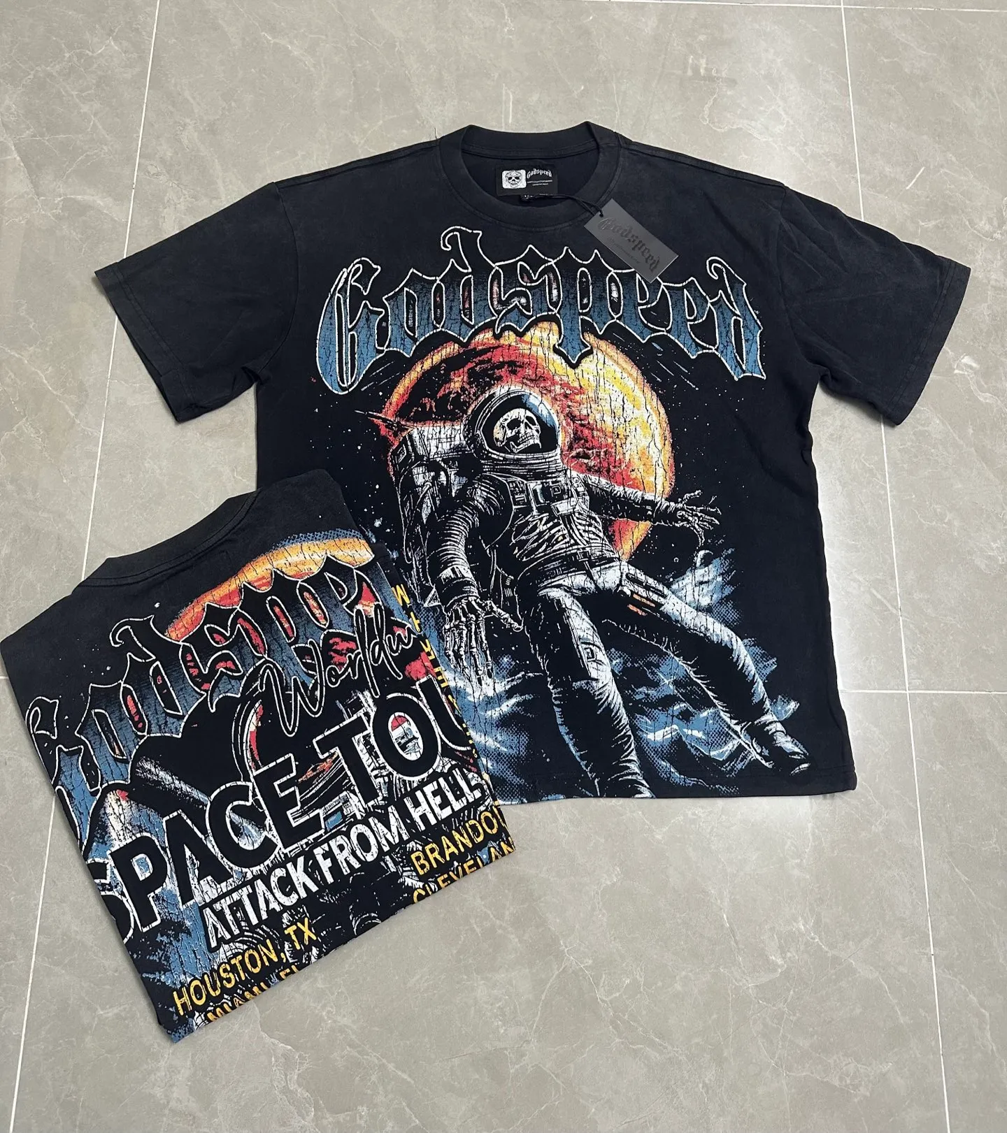6131# Washed black I P116 Real stock (American fashion niche) Godspeed cross-border American rock street washed retro style short-sleeved T (craft printing) Fabric (fabric): 32 counts combed double yarn 250 grams weight Code number (size): S-M-L-XL Color (colour) Washed black